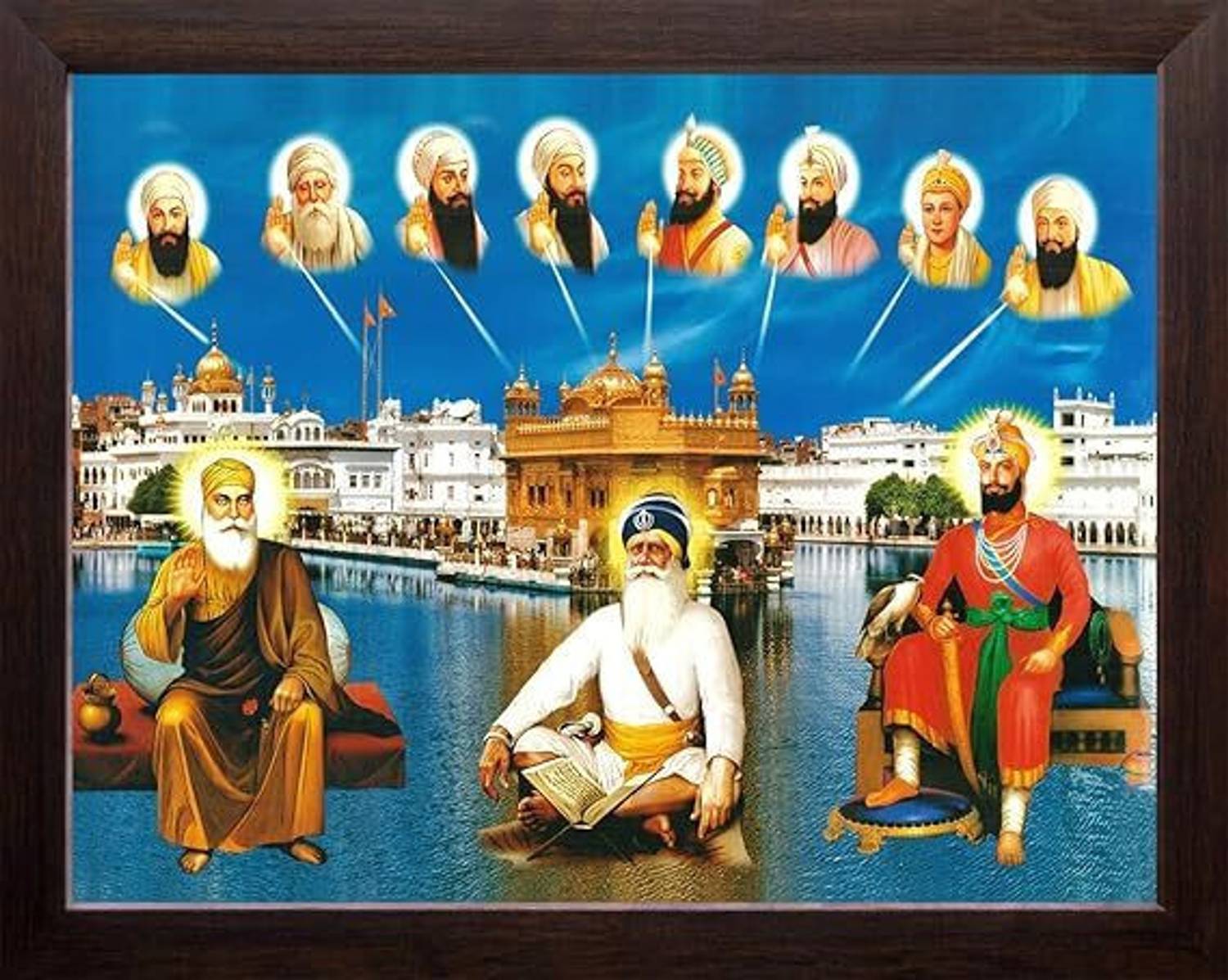 Karuna Enterprises Sikh Gurus and Golden Temple, HD Printed Religious & Decor Picture with Plane Digital Reprint 8 inch x 12 inch Painting