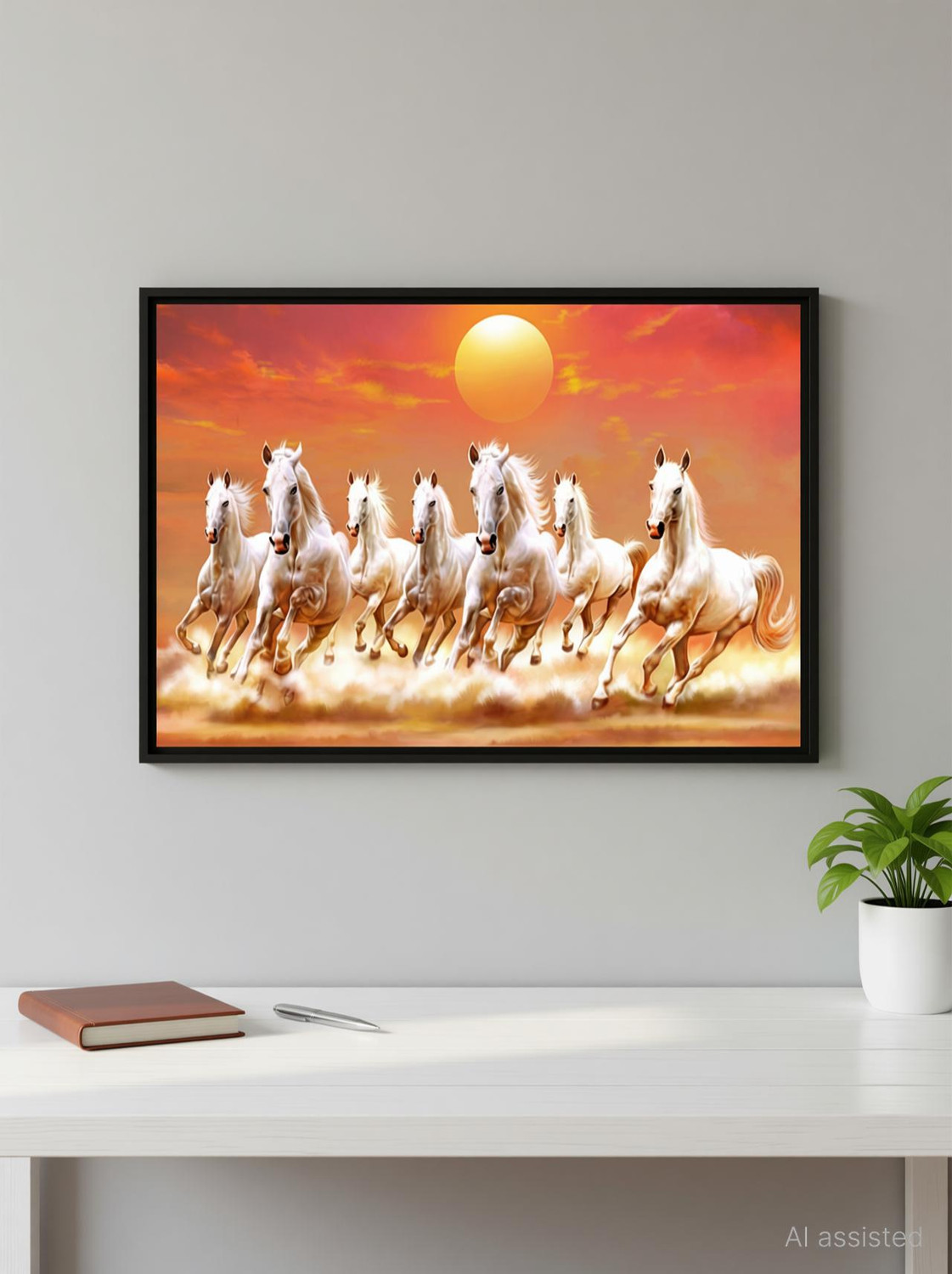 Image of ArtMantra 7 Running Horses Vastu Sparkle Glossy UV Textured Digital Reprint 12 inch x 18 inch Painting