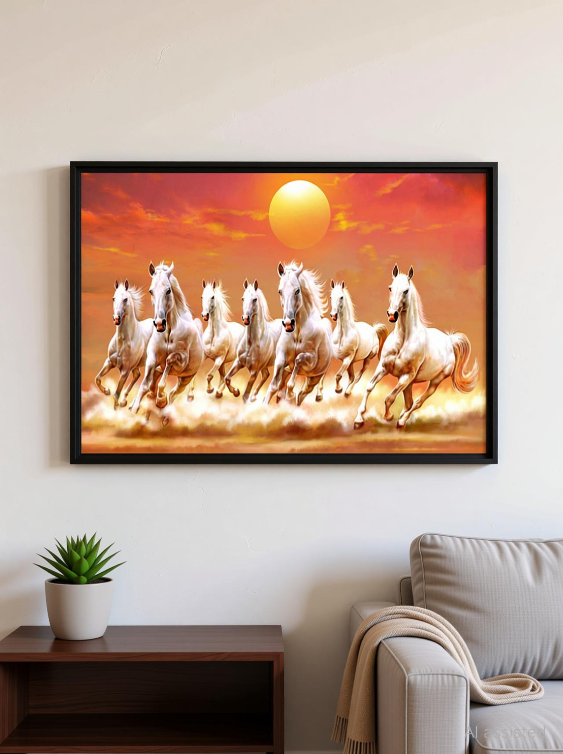 Image of ArtMantra 7 Running Horses Vastu Sparkle Glossy UV Textured Digital Reprint 12 inch x 18 inch Painting