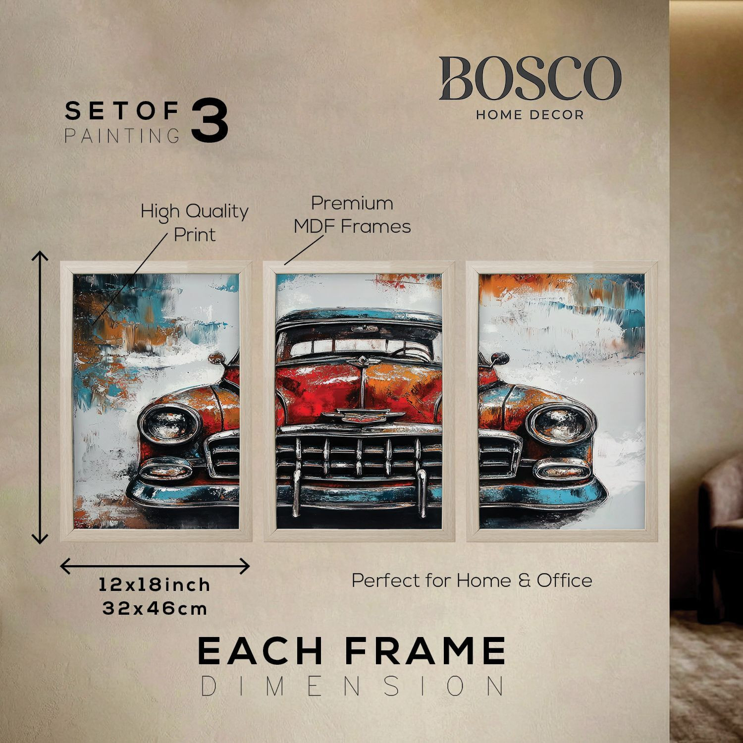 Image of BOSCO Vintage Classic Car Wall Painting Digital Reprint 18 inch x 12 inch Painting