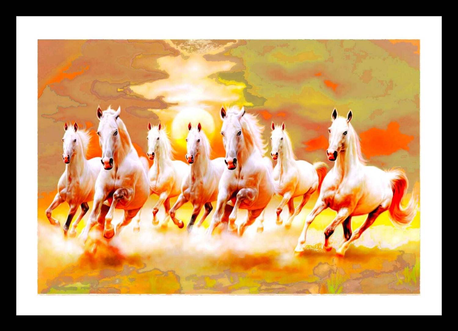 ARAkri art Vaastu 7 Horse Wall painting - Seven Horses wall frame Digital Reprint 13 inch x 10 inch Painting