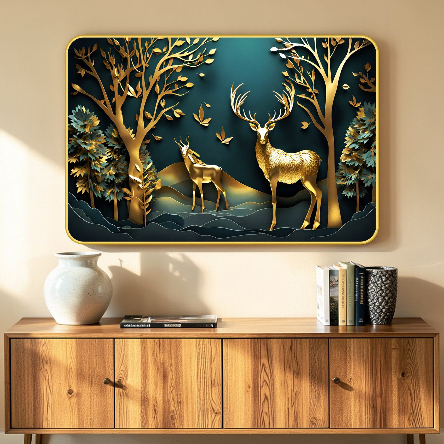 Image of Masstone Reindeer Deer Jungle Wall Painting Golden Strip Frame Sparkle Lamination Decor Digital Reprint 12 inch x 18 inch Painting (With Frame)