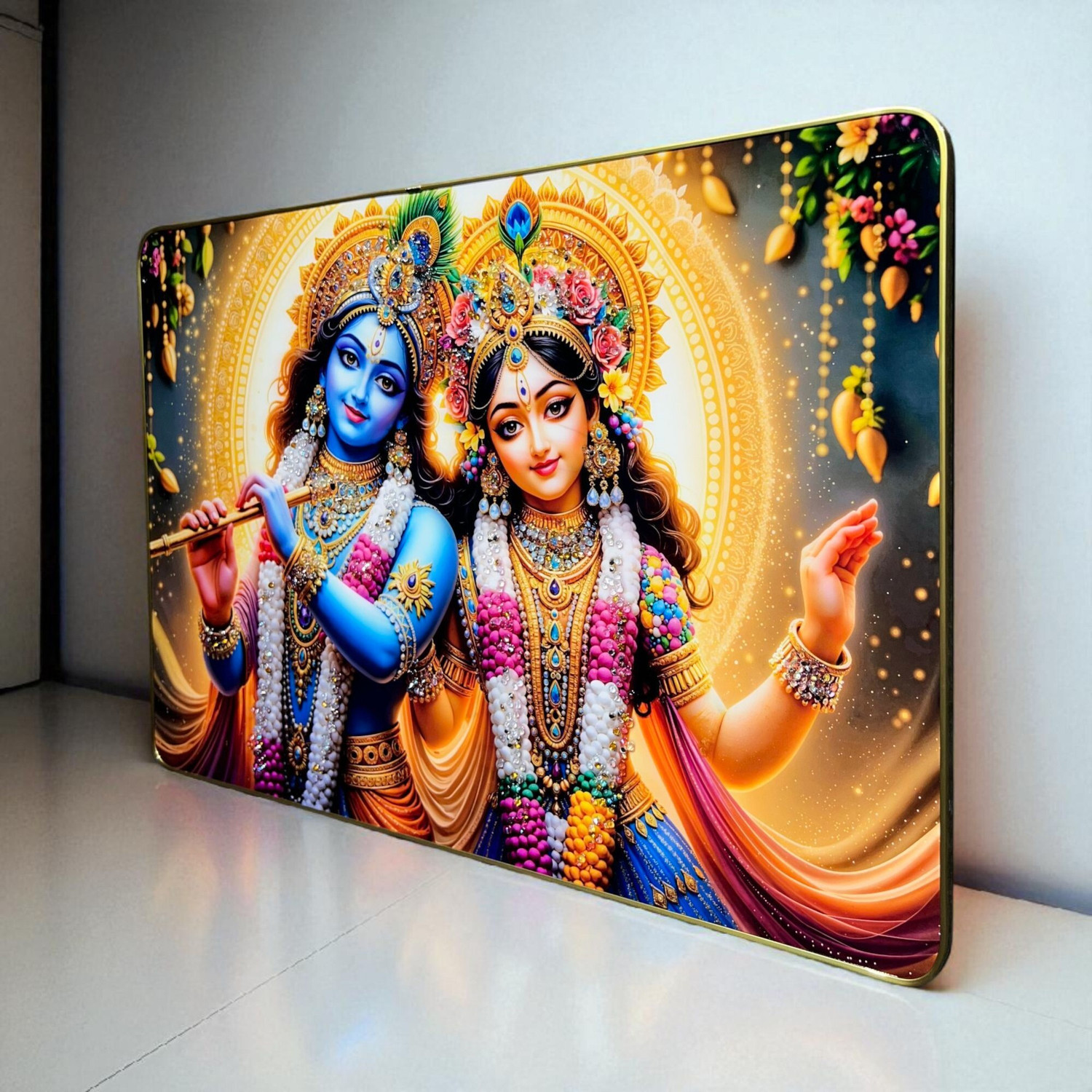 Image of Masstone Radhe Krishna Big Crystal Embedded Painting | Home Decor | Gold Slim Frame Resin Painting 16 inch x 24 inch Painting