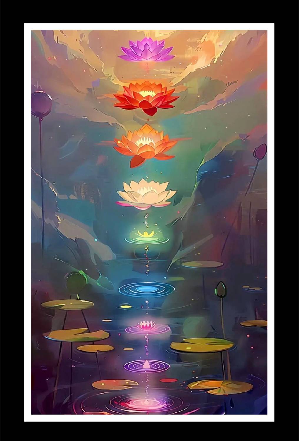 AARTKALA 7 Chakra Lotus Bloom Spiritual Wall Panting Frame A4 Canvas 12 inch x 8 inch Painting