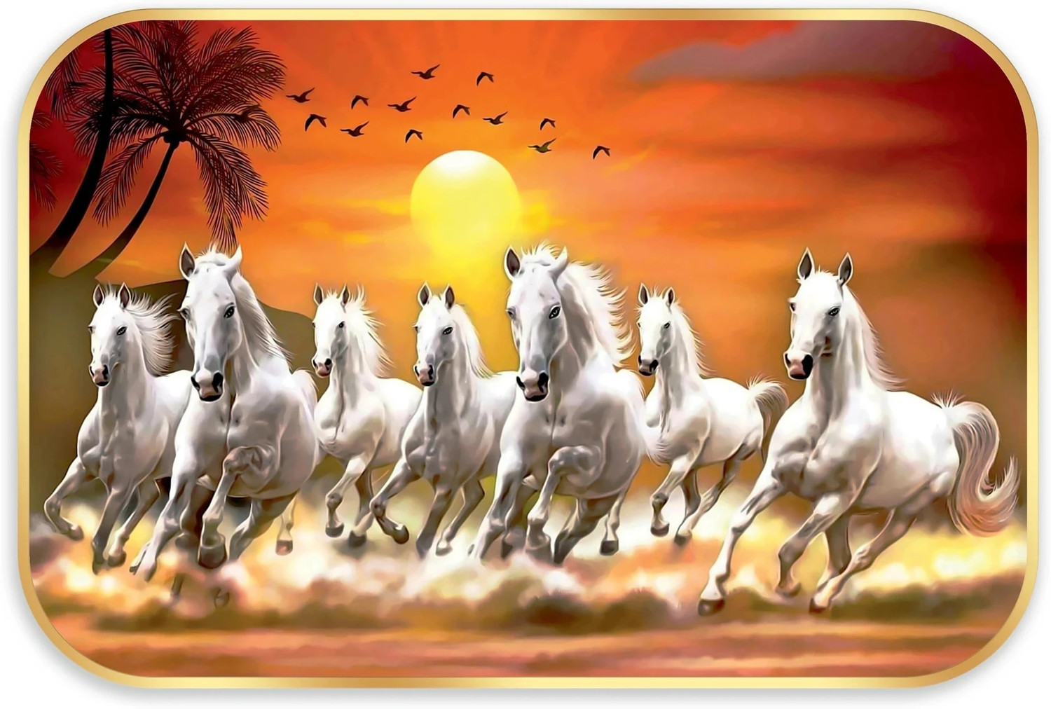 Image of SNDArt Vastu 7 Running Horses Wall Paintings With Golden PVC Frame For Home Decor Digital Reprint 10.9 inch x 14 inch Painting