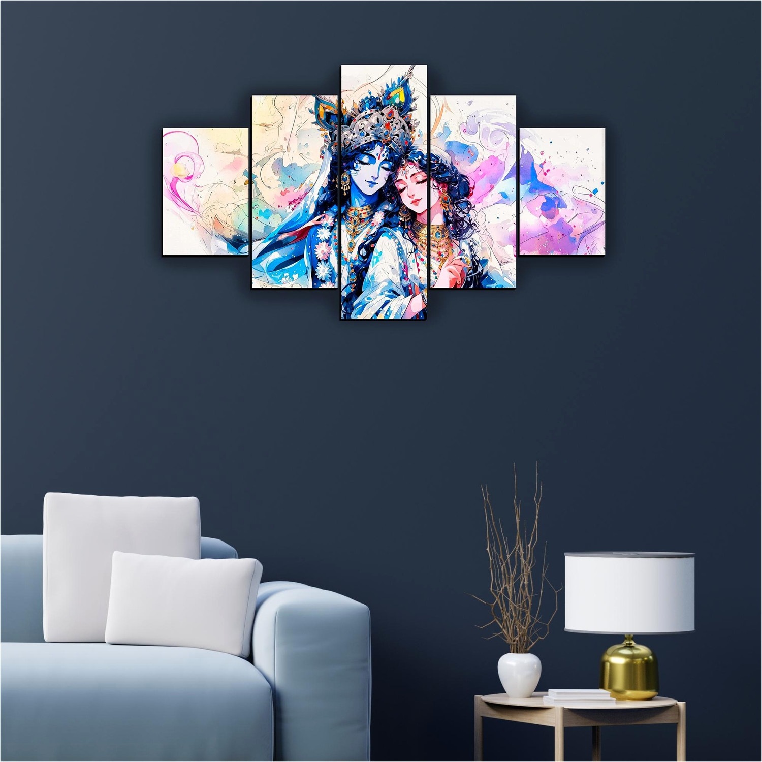 Image of XIDLZ Canvas wall painting Radha Krishna 5 panel scenery Home decor Digital Reprint 18 inch x 30 inch Painting