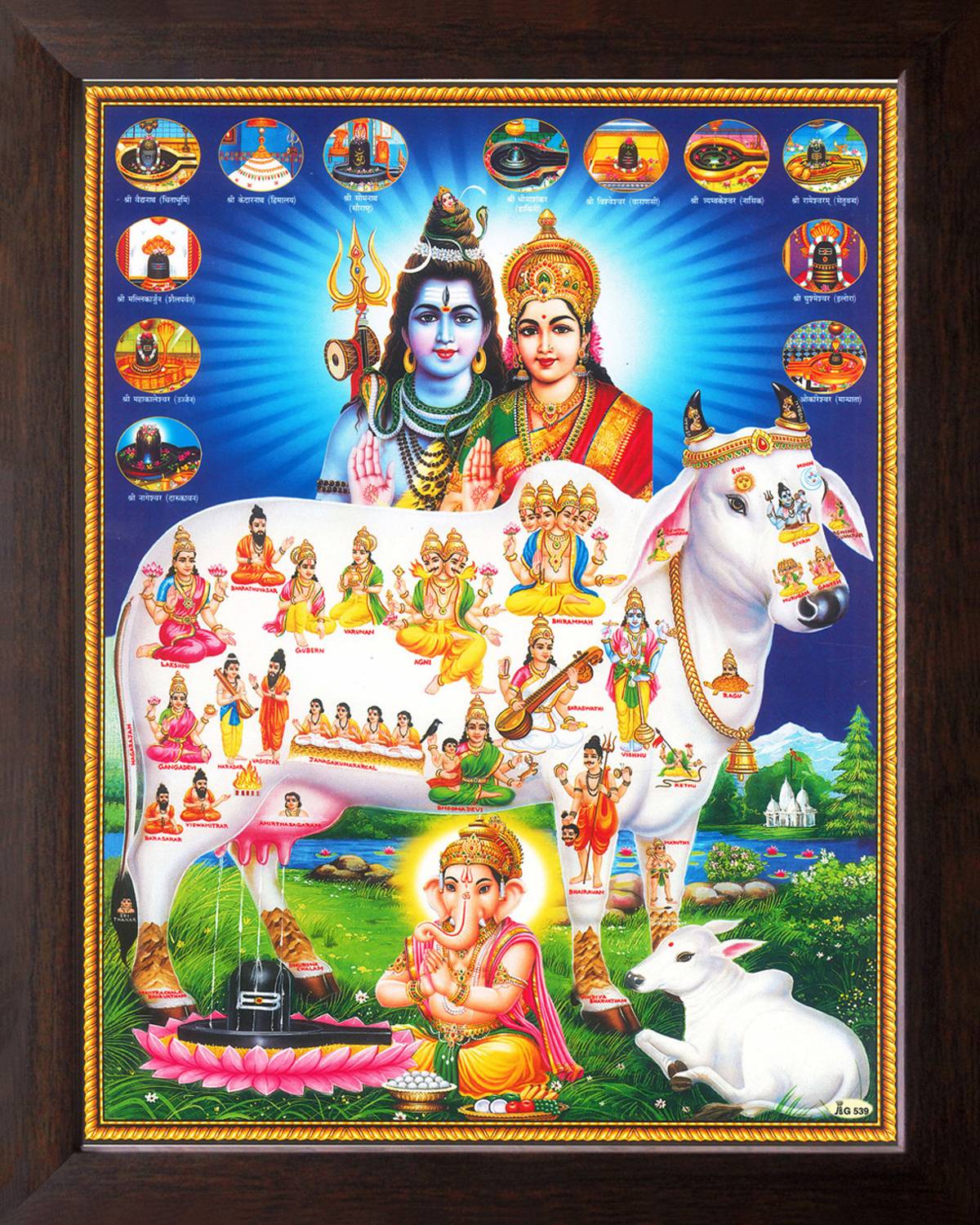 Artcoin Lord Shiva with Kamdhenu cow and Various God Religious Painting Frame. Digital Reprint 9 inch x 7 inch Painting