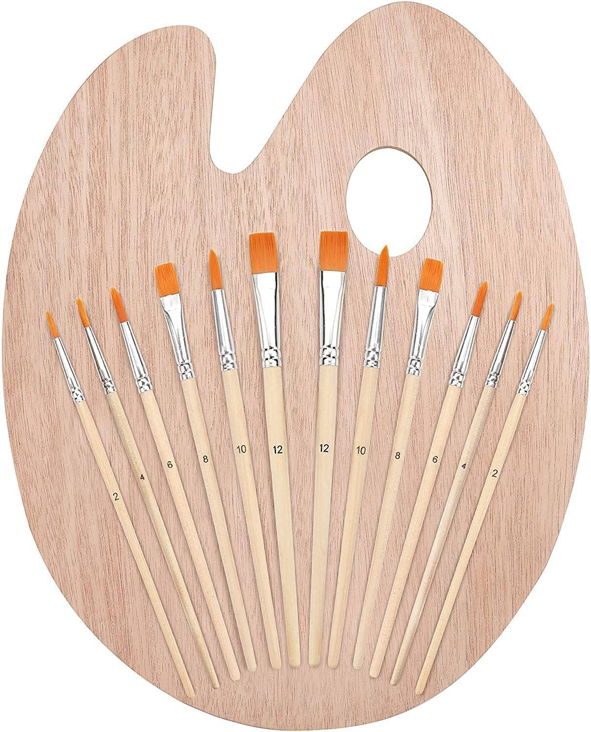 BM RETAIL Paint Brush Set with Wooden Palette (12 Brushes) & Hand Held 0 Paint Wells Palettes