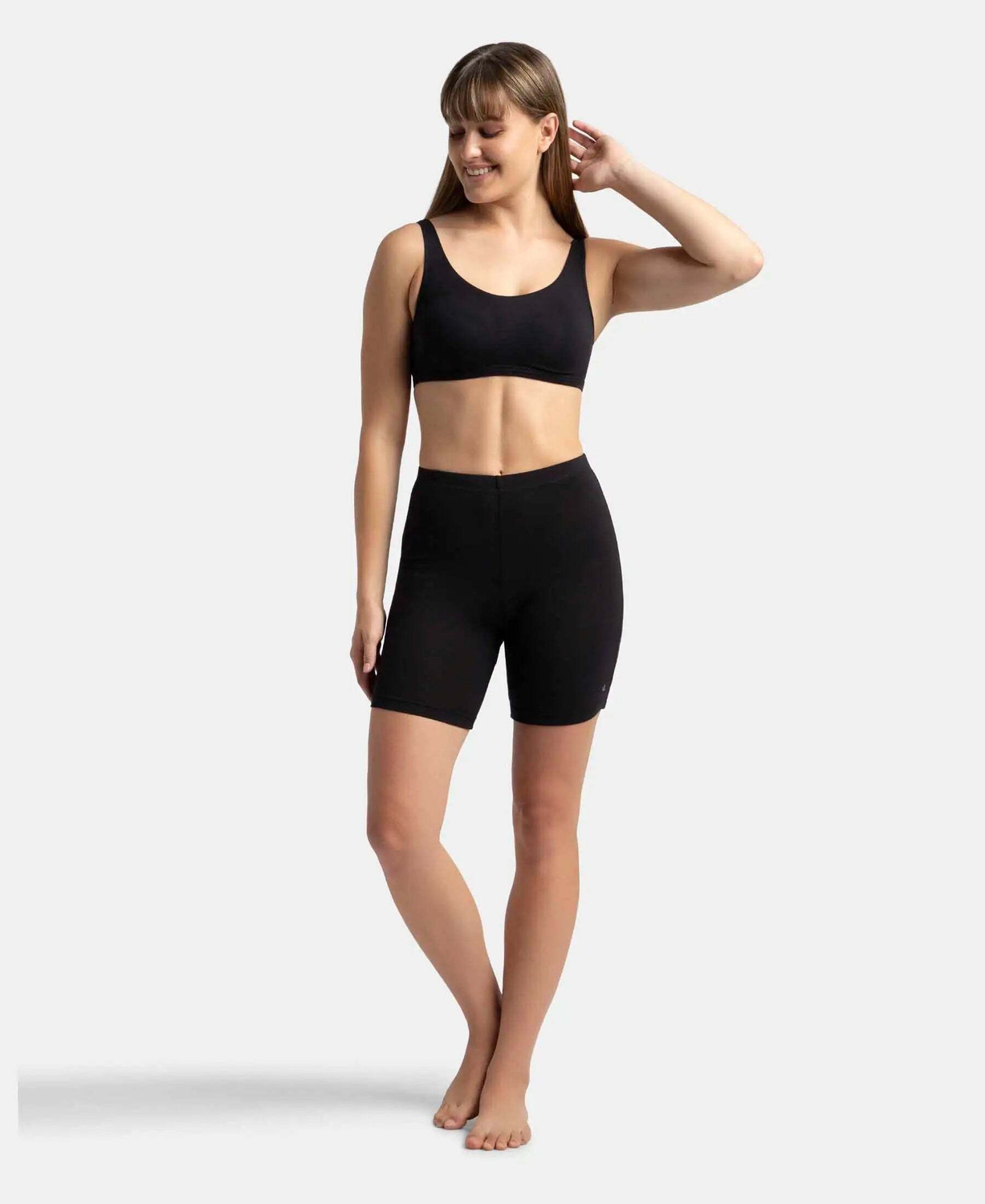 Image of JOCKEY 1529 High Coverage Super Combed Cotton Elastane Stretch Women Boy Short Black Panty