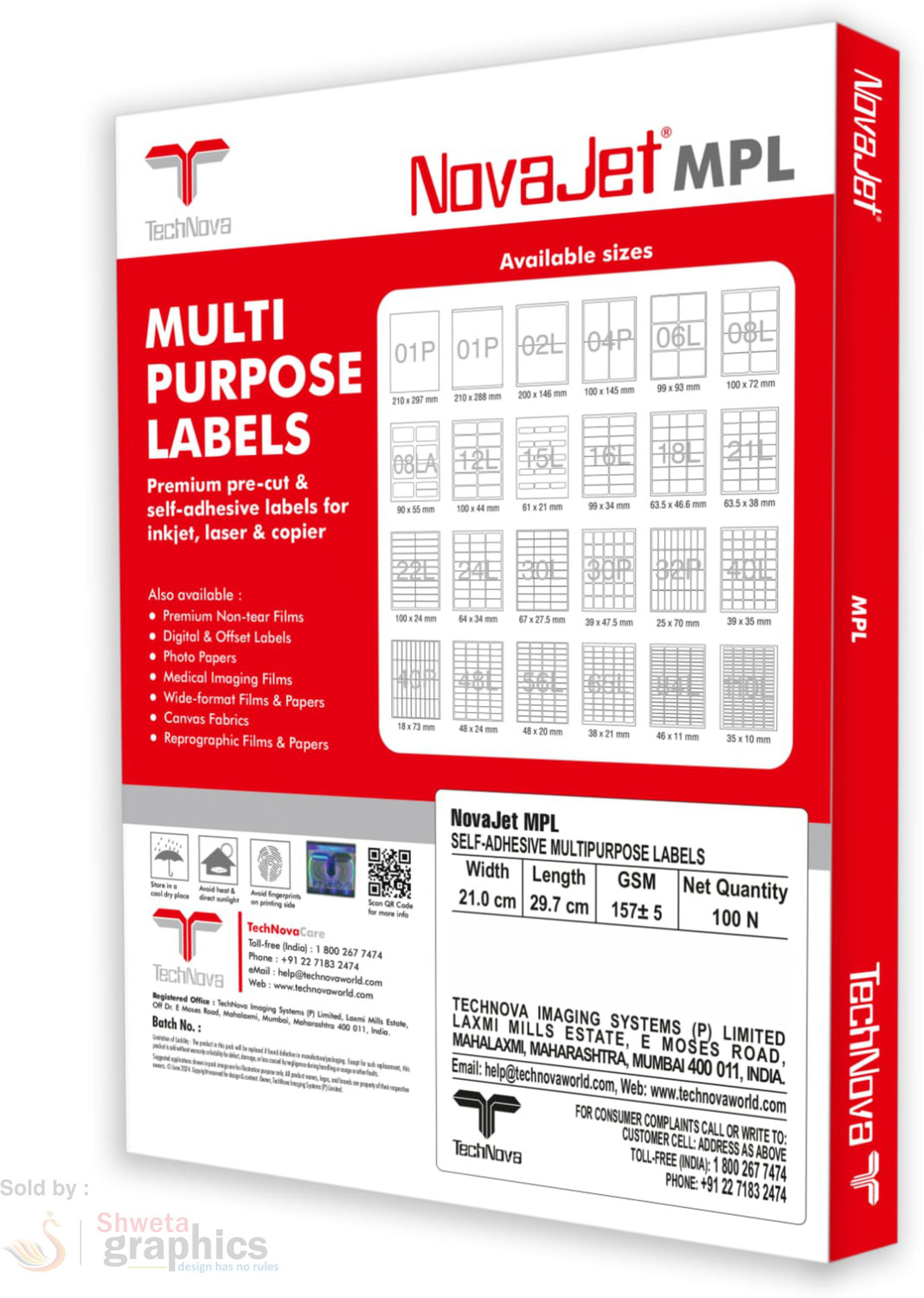 Image of Novajet Novajet Multipurpose Labels 02L | 200x146mm | 2 Stickers /Sheet | 100 Sheets Self-Adhesive Paper Label