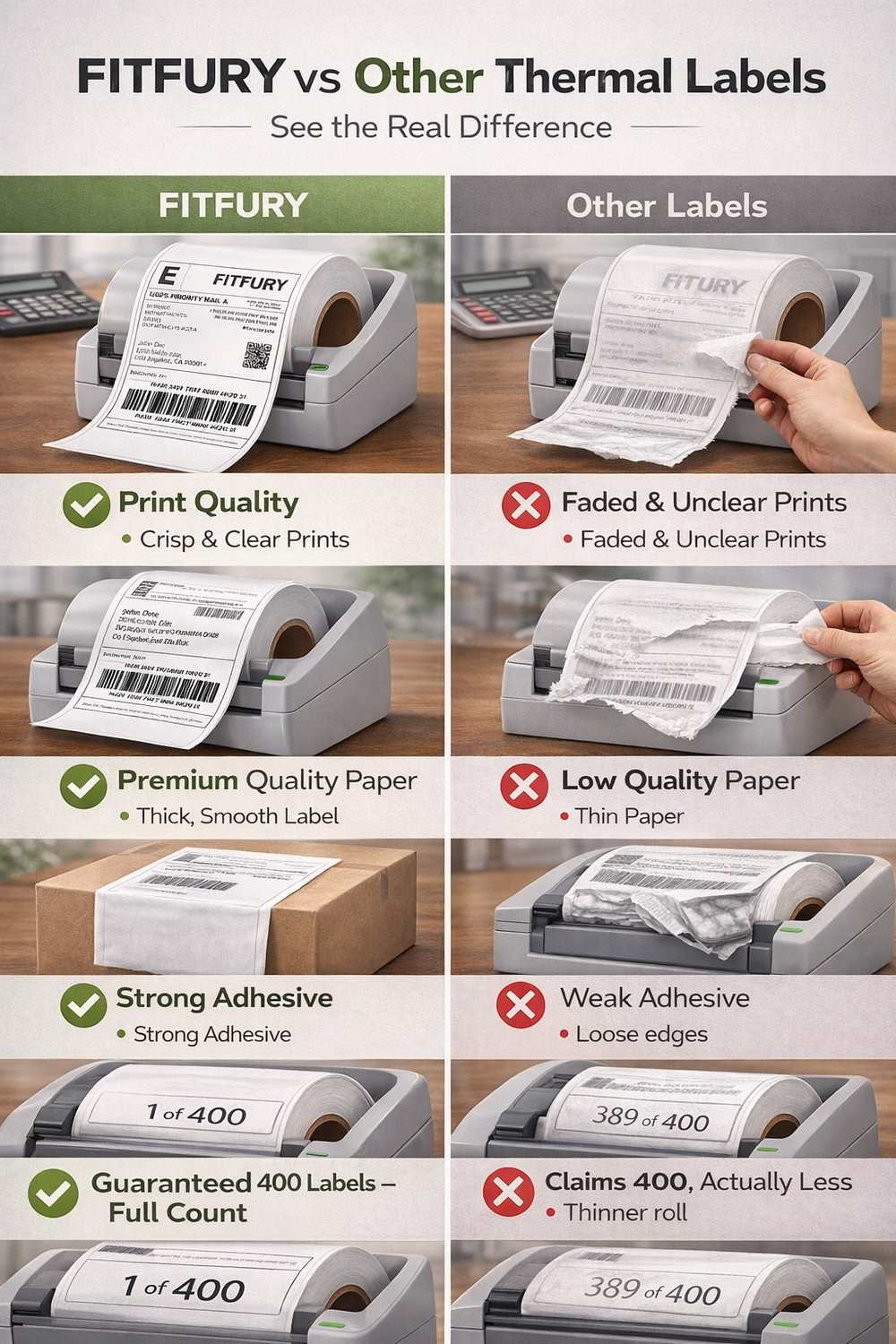 Image of FITFURY 4x6 Direct Thermal Barcode Label Roll | 400 Labels | Courier Shipping Sticker Strong Permanent Adhesive Paper Label