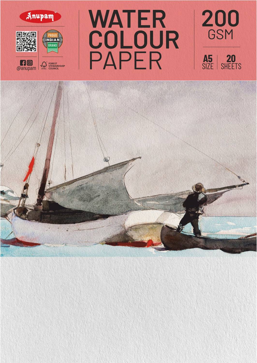 ANUPAM Watercolour Paper A5 200 GSM Cold Pressed Acid-Free 20 Sheet both Sides Usable Ideal for Artist, Professional Drawing, Painting, Dry & Wet, Fine Art Students A5 200 gsm Watercolor Paper