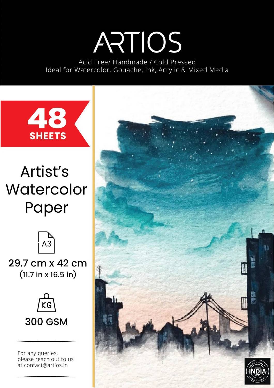 ARTIOS Artists' Watercolour Paper (A3 48 Sheets) Rough Handmade for Water colour, Acrylic, Gouache, Ink & Mixed Media A3 300 gsm Watercolor Paper