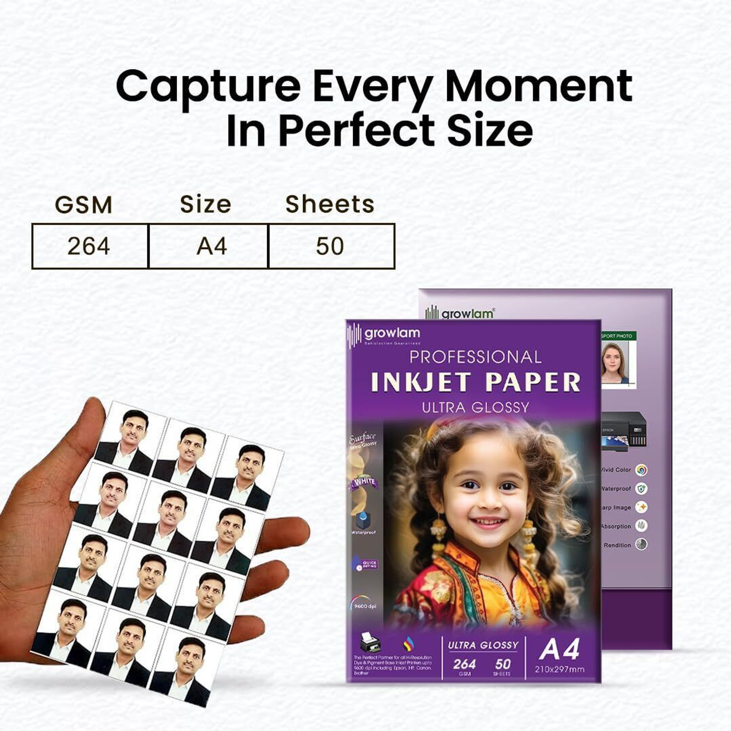 Image of Growlam Ultra Glossy 50 Sheets A4 Size Photo Paper - Water Proof, Instant Drying 264 gsm Photo Paper