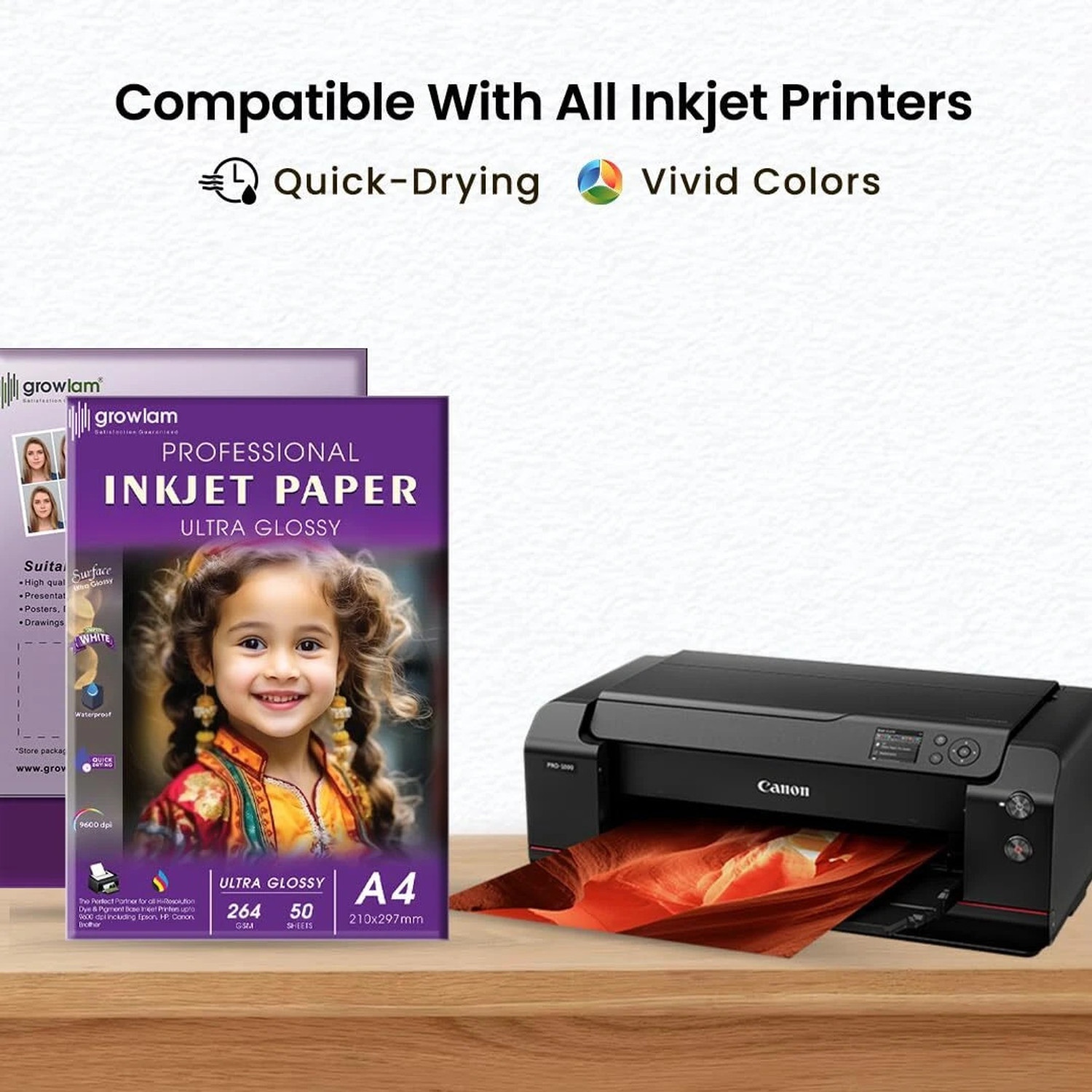 Image of Growlam Ultra Glossy 50 Sheets A4 Size Photo Paper - Water Proof, Instant Drying 264 gsm Photo Paper