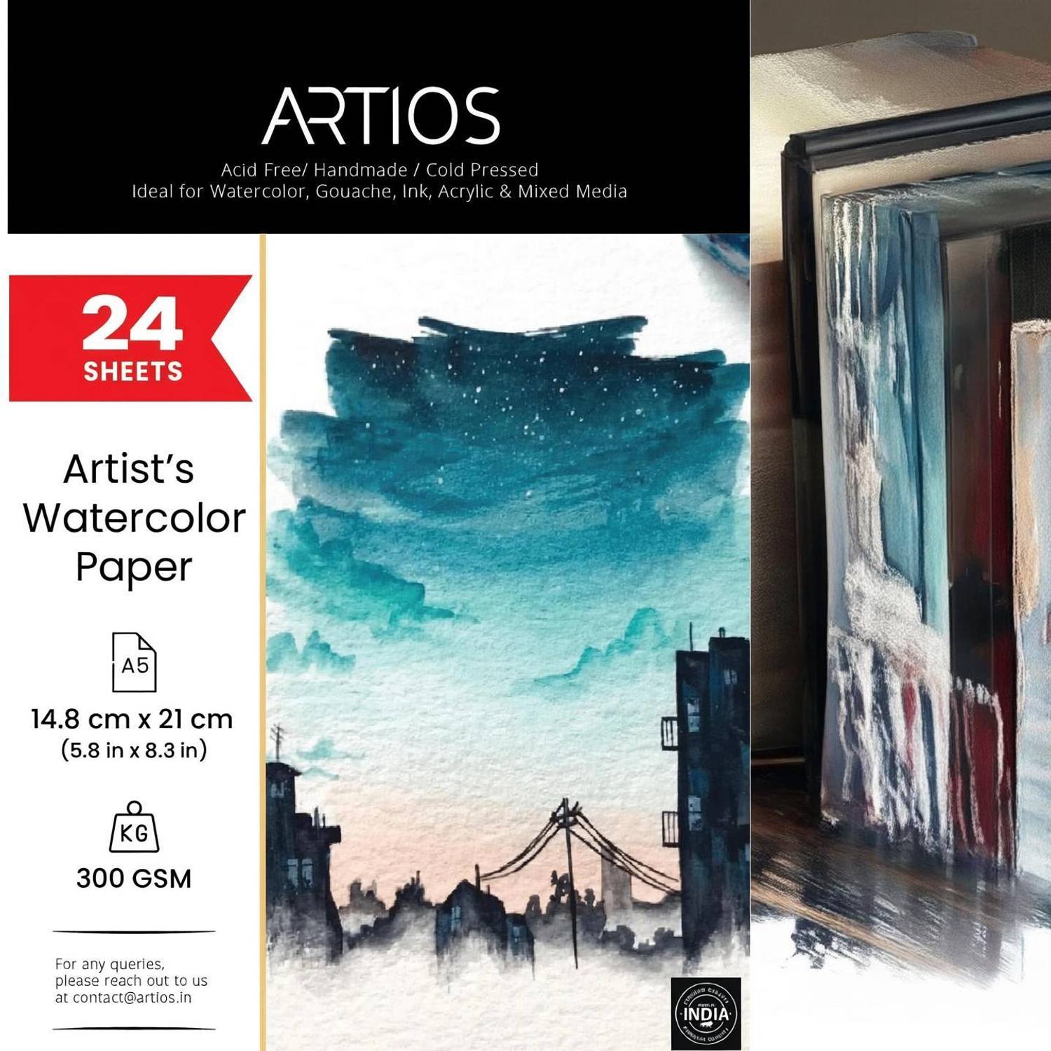 ARTIOS Artists' Watercolour Paper (A5 24 Sheets) Rough Handmade for Water colour, Acrylic, Gouache, Ink & Mixed Media A5 300 gsm Watercolor Paper