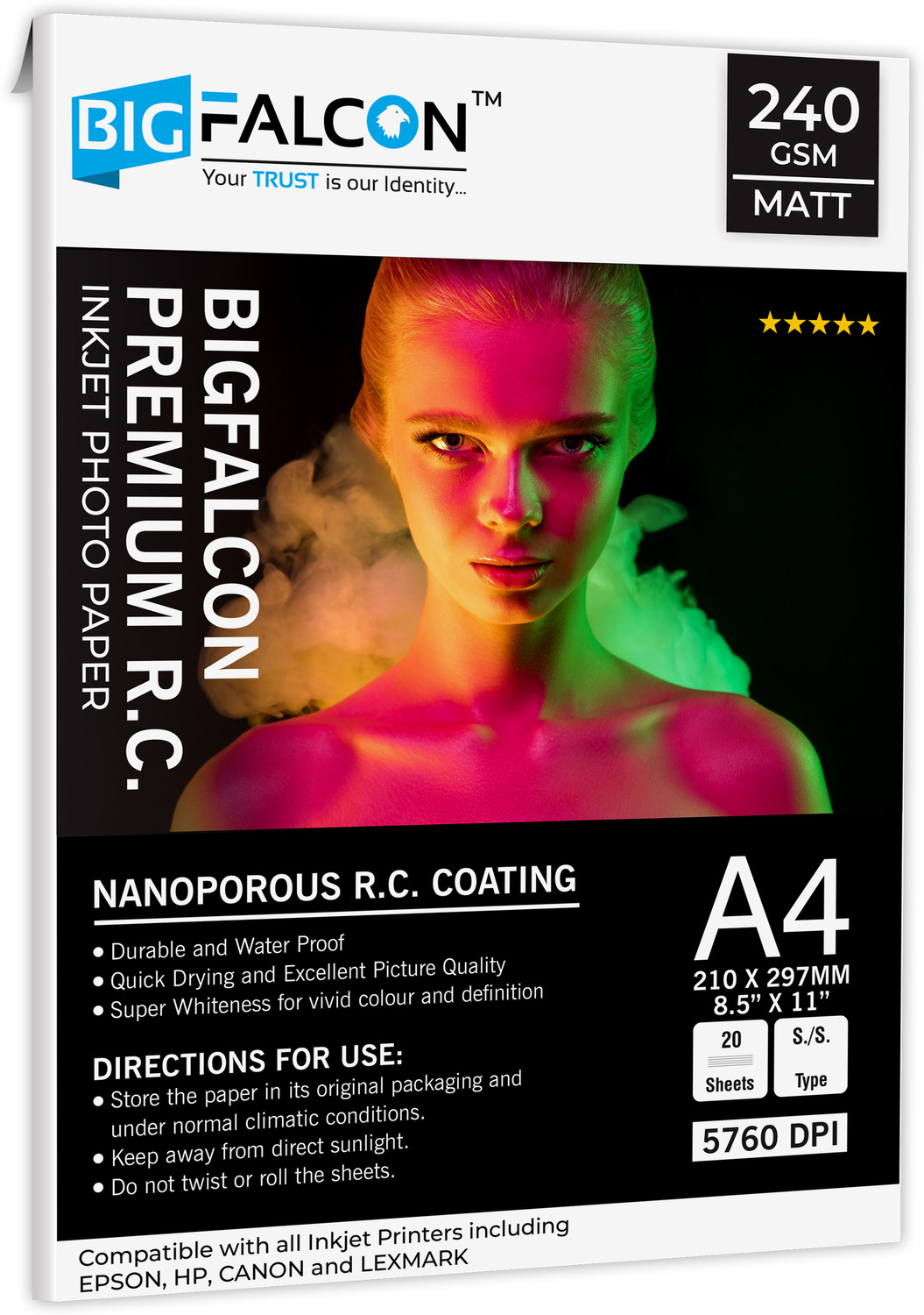 Image of BIGFALCON Premium Matt (Luster) 240 GSM A4 Size (210x297mm) 20 Sheet RC Photo Paper Waterproof Inkjet Photo Paper for all Inkjet Printer A4 (210x297mm) 240 gsm Photo Paper