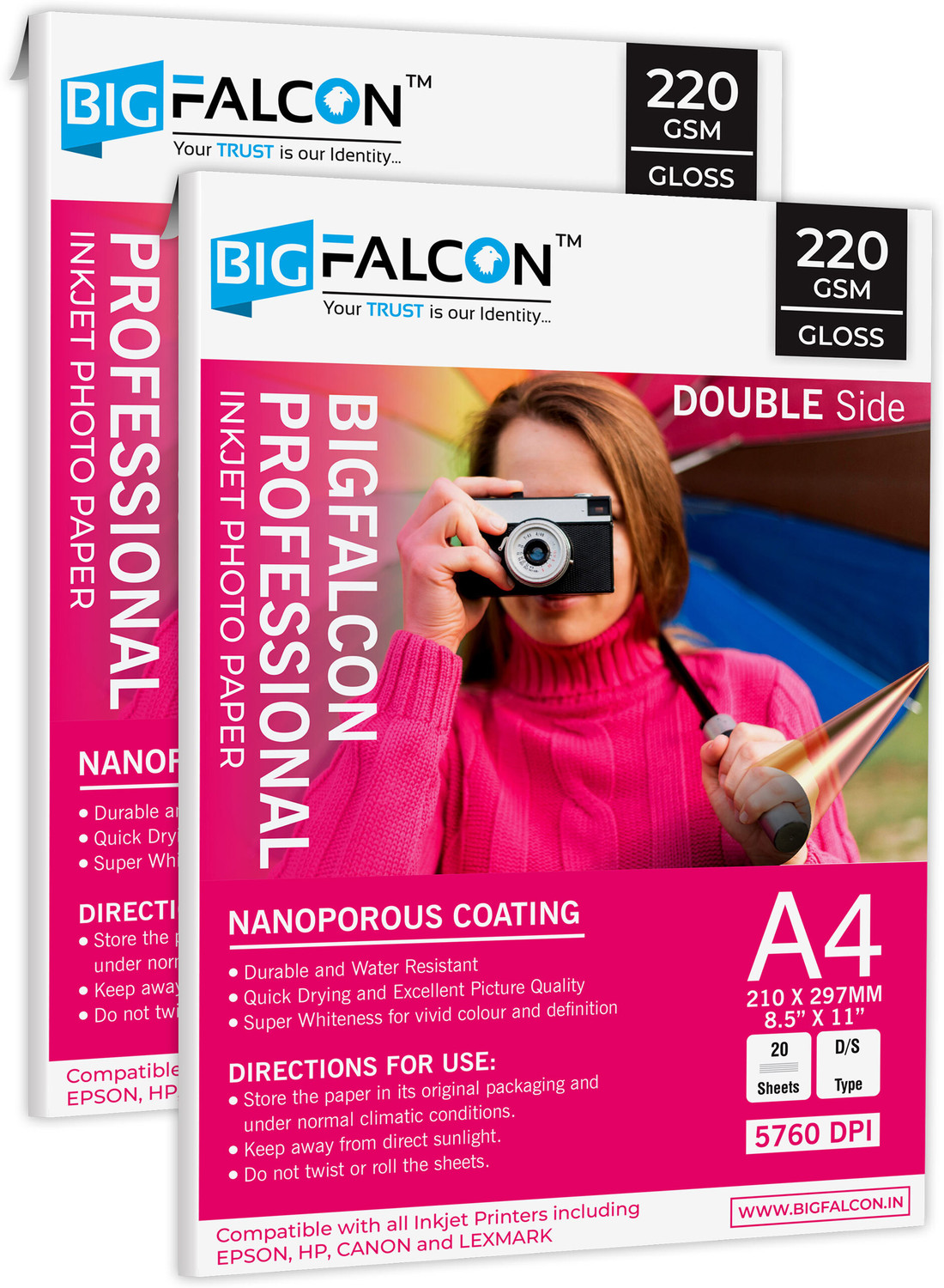 Image of BIGFALCON Professional A4 Double Sided Glossy Inkjet Photo Paper 220 GSM (40 Sheets) Unruled A4 (8.5x11 inch) 220 gsm Photo Paper