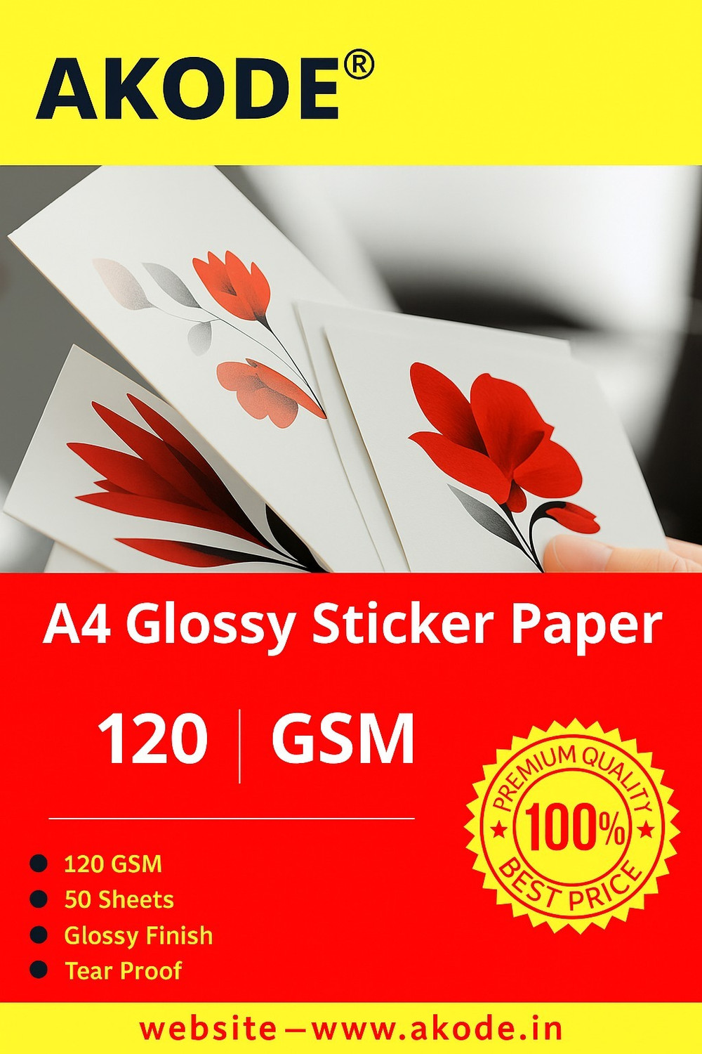 Image of Akode A4 Glossy Sticker Paper-100 Sheets in 1 Pack Unruled A4 paper 120 gsm Photo Paper