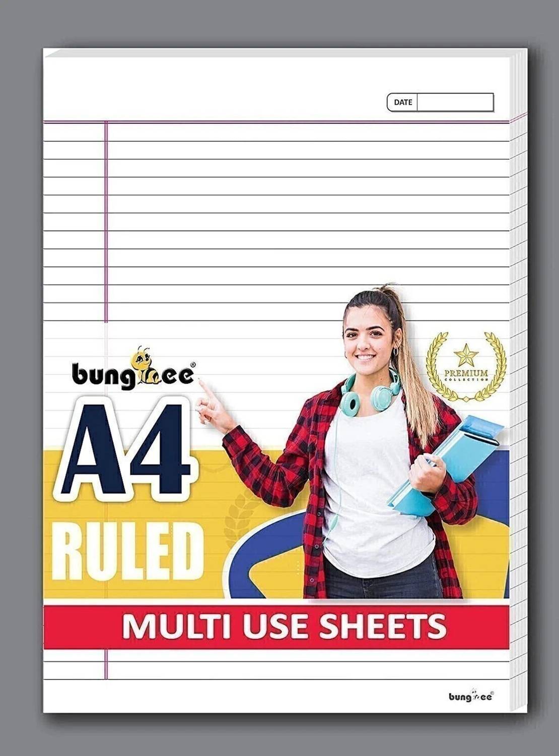Bungbee A4 Ruled Sheets, Non Punched 50 Sheets, Dual Colour - Magna Edition, Both Sides Ruled A4 90 gsm A4 paper