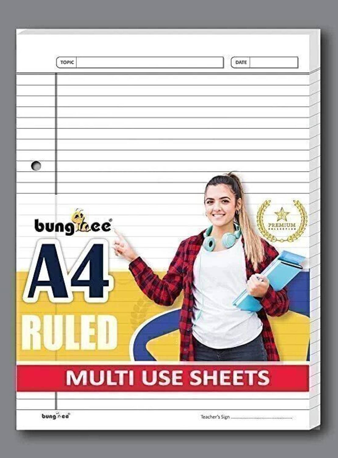 Bungbee A4 Ruled Sheets, Punched 50 Sheets, Single Color- Acer Edition, Both Sides Ruled A4 80 gsm A4 paper