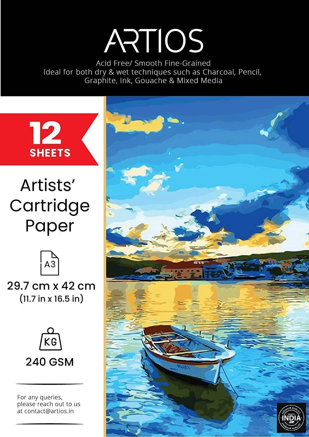 ARTIOS Artists' Mixed Media Cartridge Paper A3- 12 Drawing Sheets , Ideal for Charcoal,Graphite,Acrylic,Watercolor,Gouache,Ink & Other Mixed Media A3 240 gsm Drawing Paper