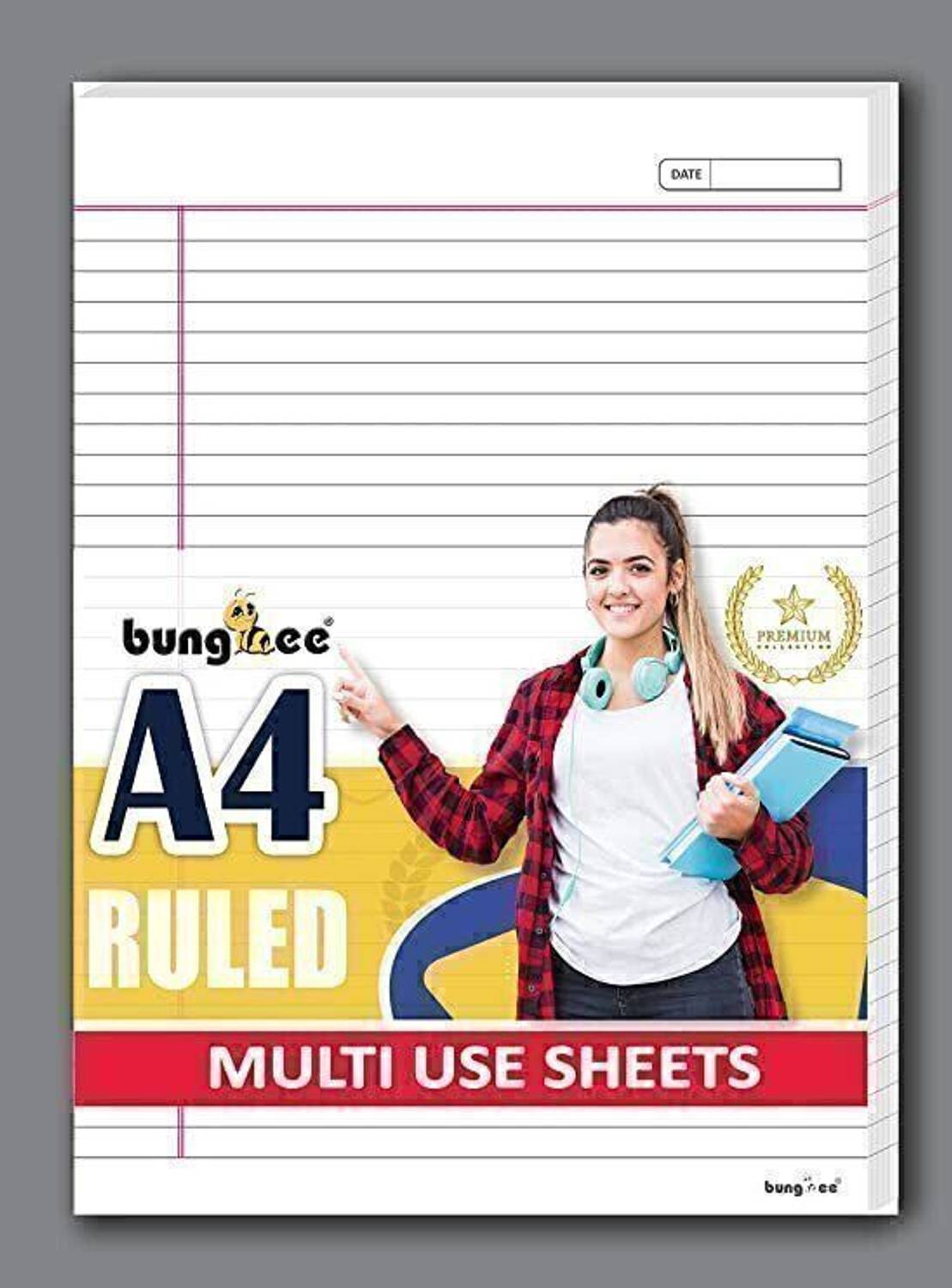 Bungbee A4 Ruled Sheets, Non Punched 50 Sheets, Dual Color- Magna Edition, One Sides Ruled A4 90 gsm A4 paper