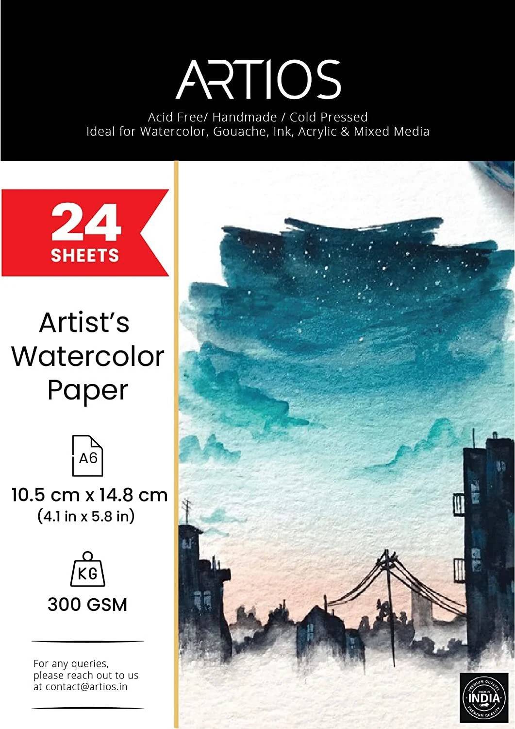 ARTIOS Artists' Watercolour Paper (A6 24 Sheets) Rough Handmade for Water colour, Acrylic, Gouache, Ink & Mixed Media A6 300 gsm Watercolor Paper