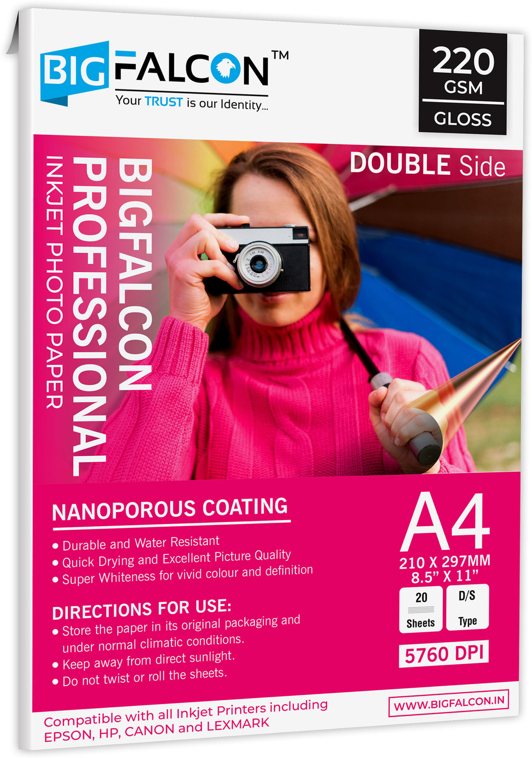 Image of BIGFALCON Professional A4 Double Sided Glossy Inkjet Photo Paper 220 GSM (40 Sheets) Unruled A4 (8.5x11 inch) 220 gsm Photo Paper