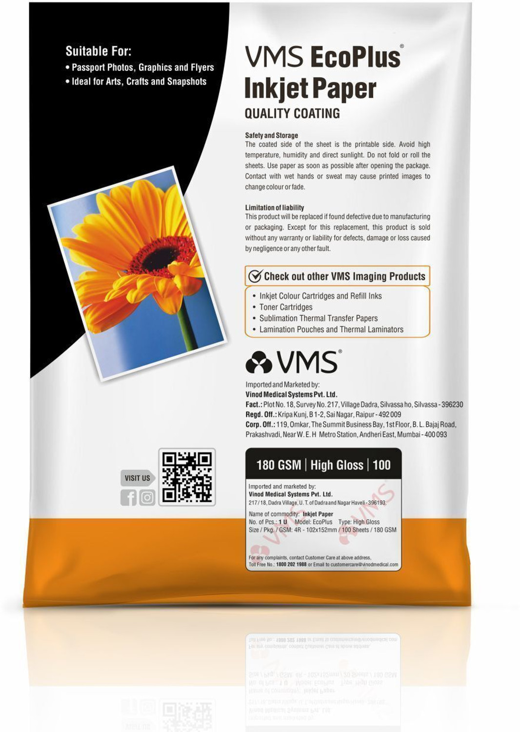 Image of VMS Eco Plus Glossy Photo Paper (100 sheets) Unruled 4R (4x6), Not A4 180 gsm Photo Paper