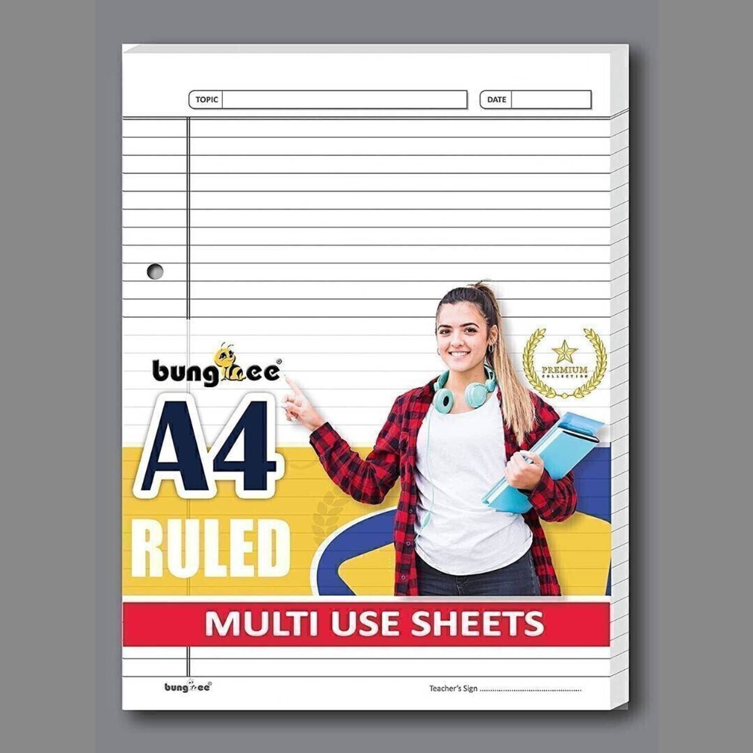 Bungbee A4 Ruled Sheets, Punched 50 Sheets - Acer Edition, One Side Ruled A4 90 gsm A4 paper