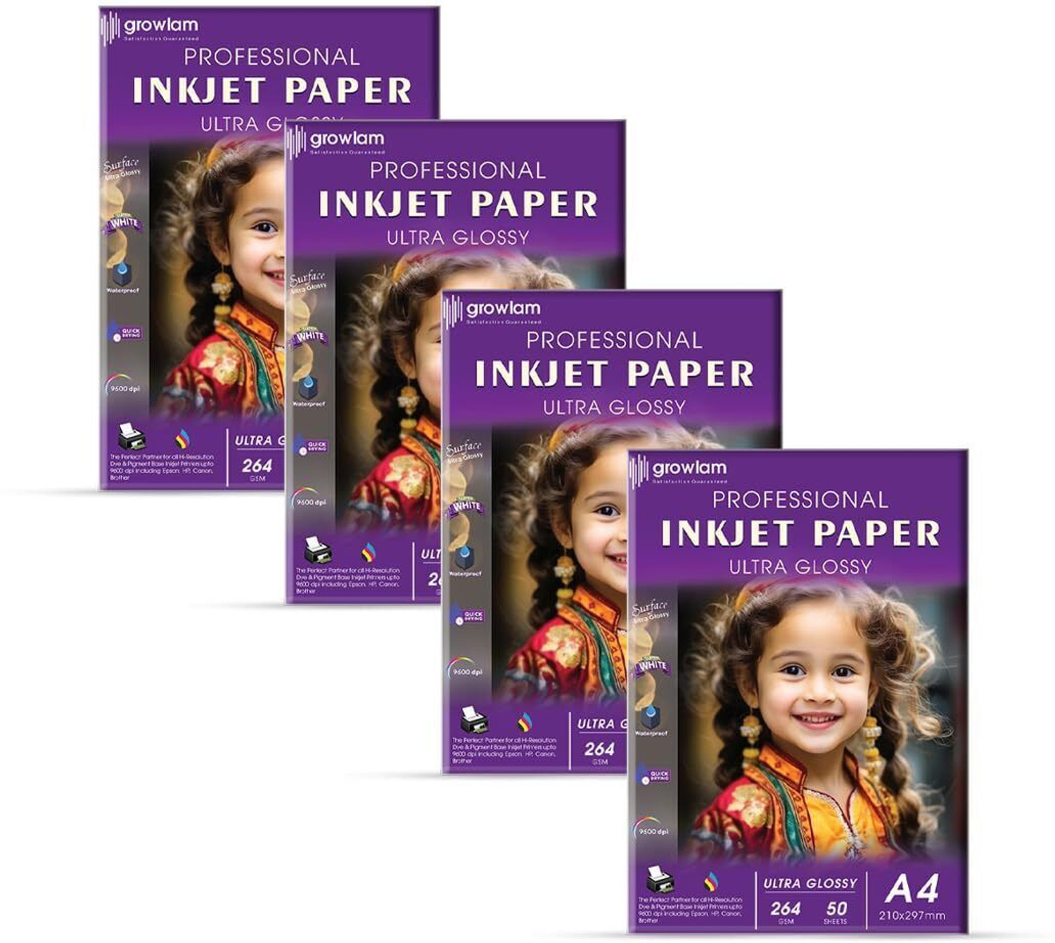 Image of Growlam Ultra Glossy 50 Sheets A4 Size Photo Paper - Water Proof, Instant Drying 264 gsm Photo Paper