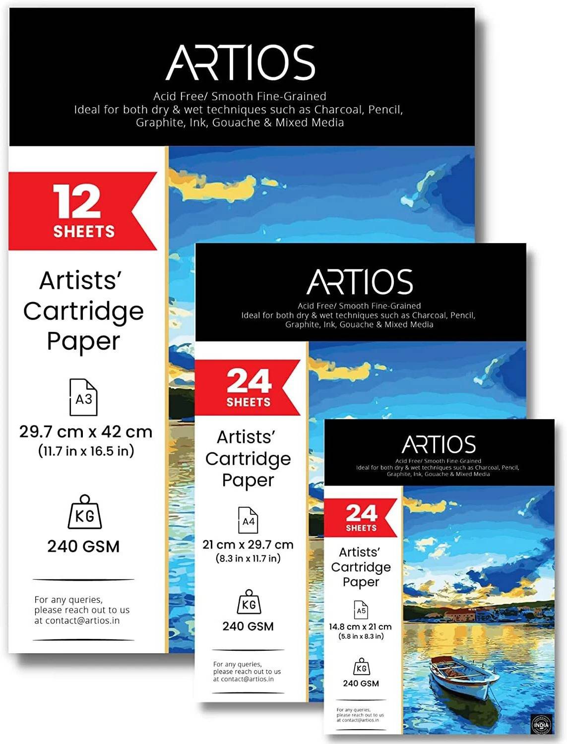 ARTIOS Artists' Mixed Media Cartridge Paper Combo-A3(12)+A4(24)+A5(24) Drawing Sheets , Ideal for Charcoal,Graphite,Acrylic,Watercolor,Gouache,Ink & Other Mixed Media A3+A4+A5 240 gsm Drawing Paper