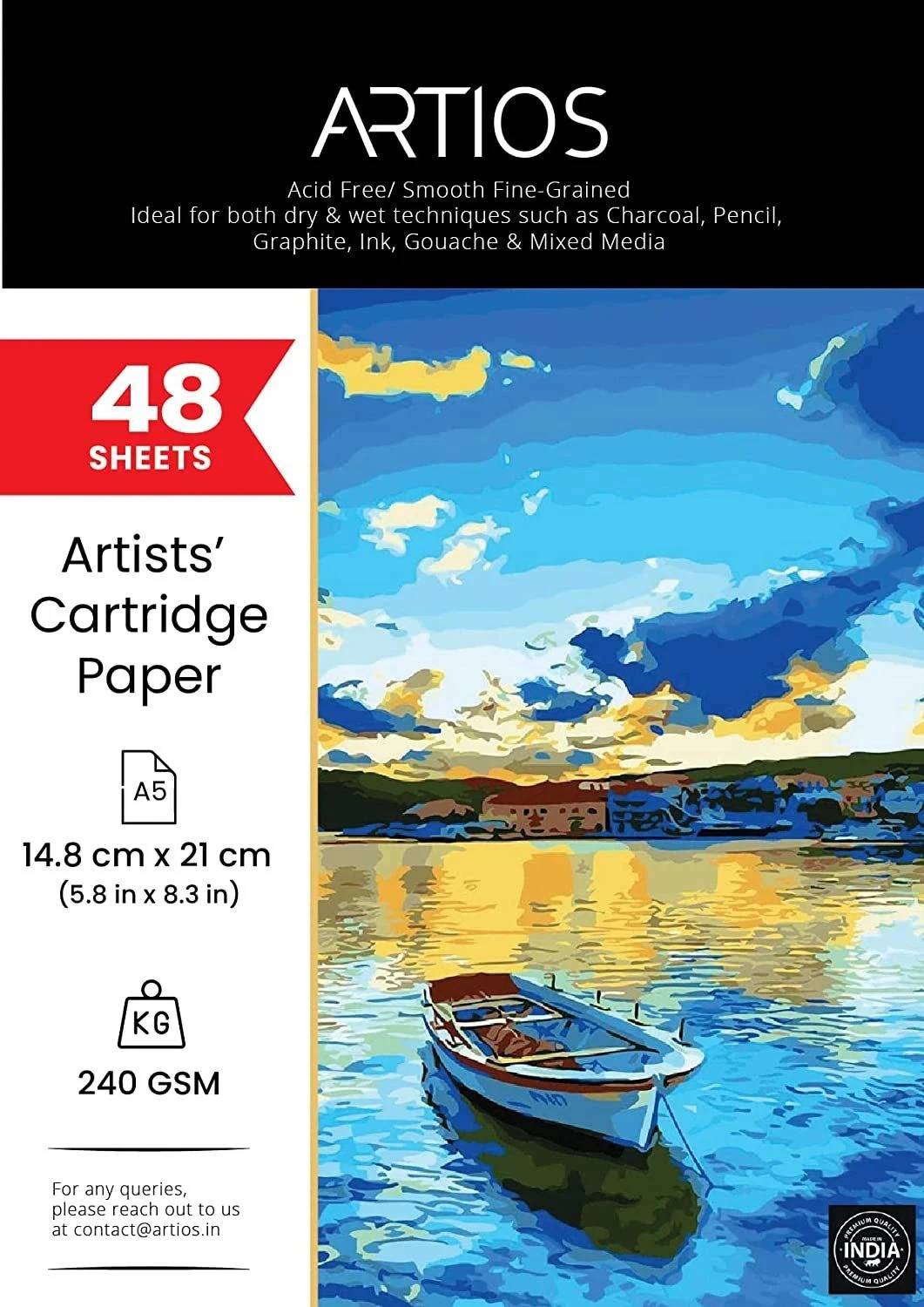 ARTIOS Artists' Mixed Media Cartridge Paper A5- 48 Drawing Sheets , Ideal for Charcoal,Graphite,Acrylic,Watercolor,Gouache,Ink & Other Mixed Media A5 240 gsm Drawing Paper