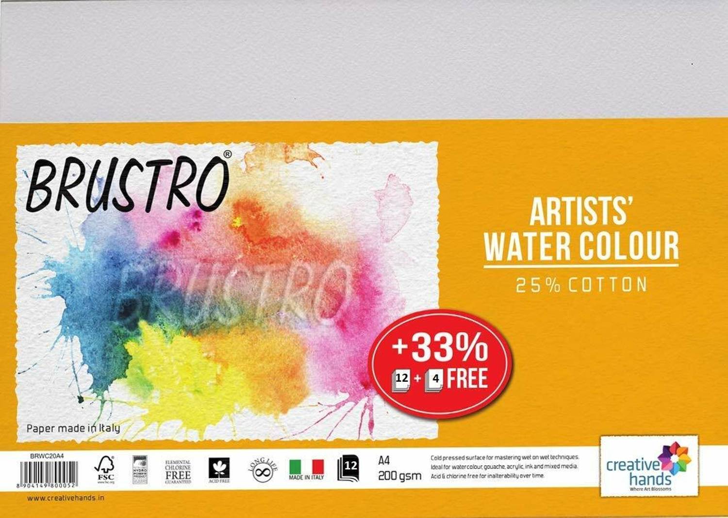 BRuSTRO loose Unrulled Artists Watercolour Paper, A4 - 25% Cotton Cold Pressed, 12 + 4 Sheets Free 200 gsm Watercolor Paper