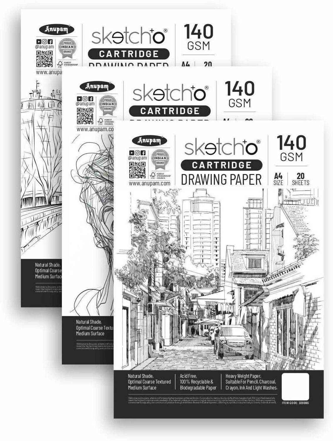 ANUPAM Cartridge Paper for sketching and drawing Loose sheets 20 Plain Paper A4 140 gsm Calligraphy Paper