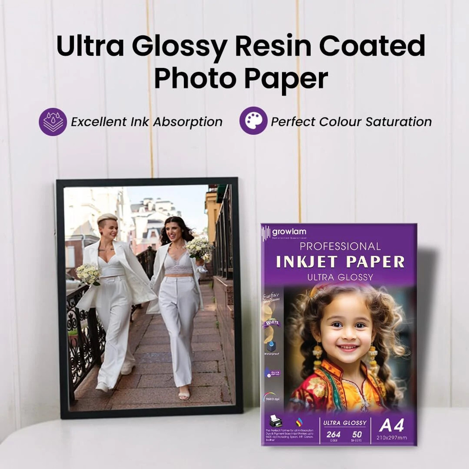 Image of Growlam Ultra Glossy 50 Sheets A4 Size Photo Paper - Water Proof, Instant Drying 264 gsm Photo Paper