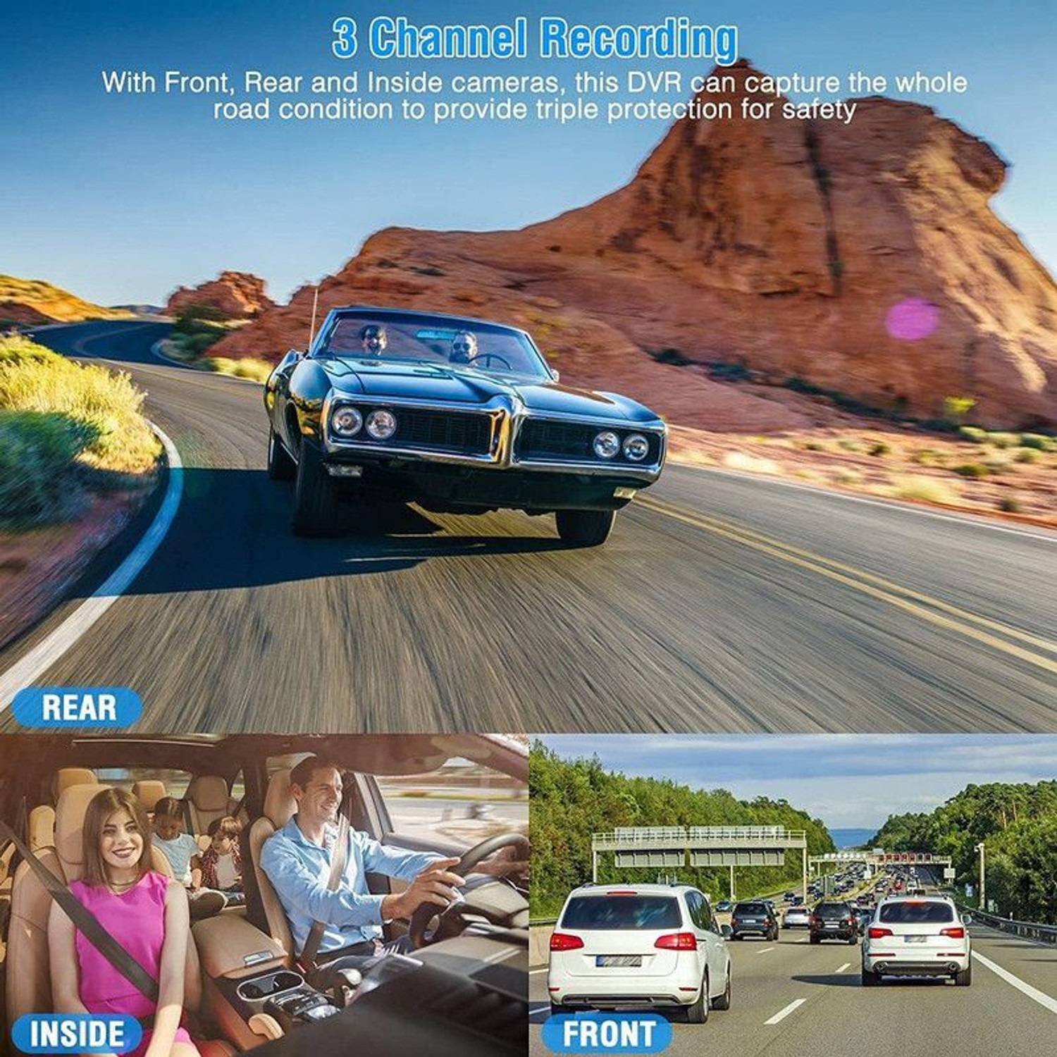 Image of GONAMA Universal Dash Cam 3 Channel Front and Rear Inside Dash Camera for Cars SG245 In-car Camera System