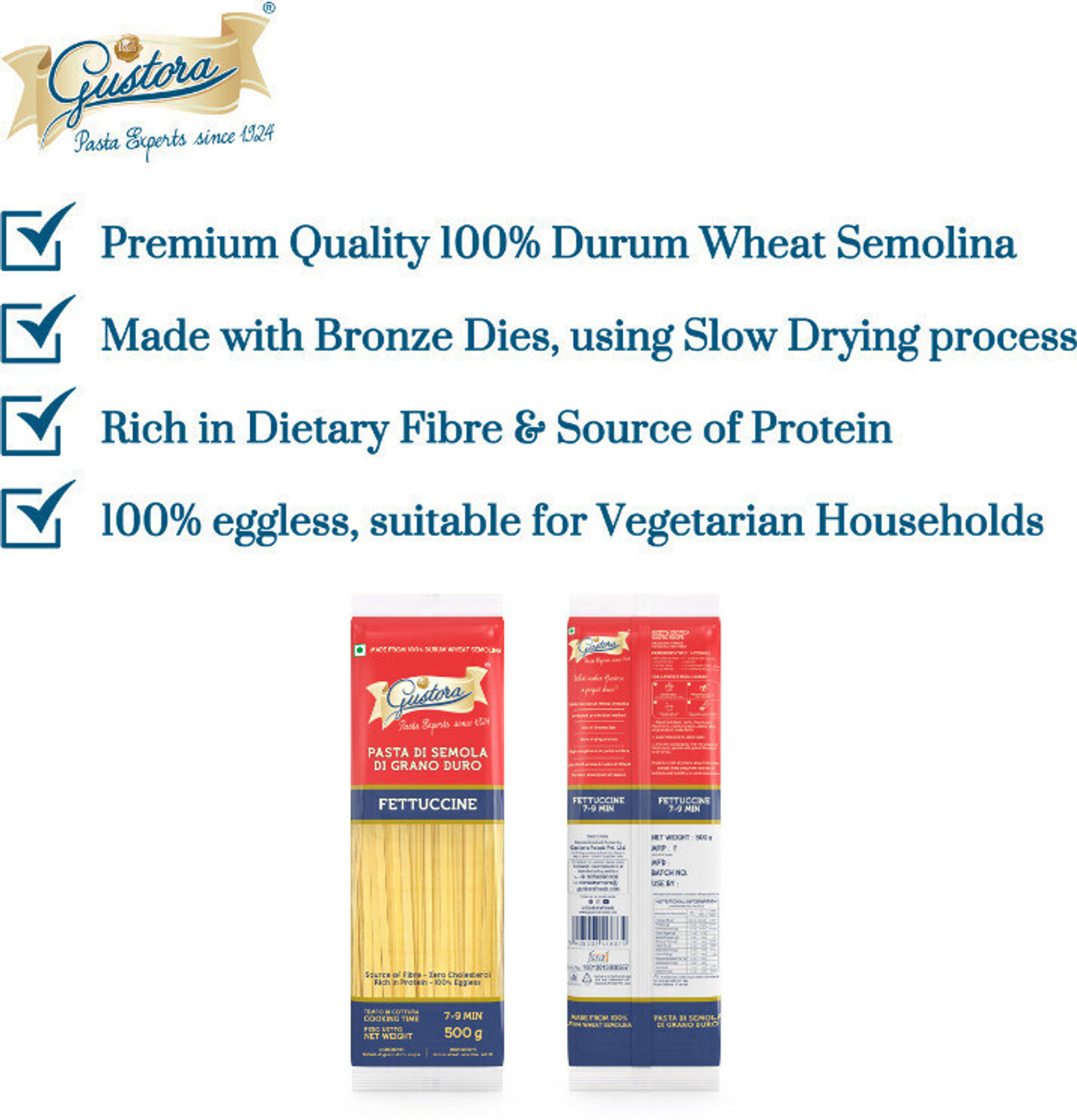 Image of Gustora Durum Wheat Semolina Fettuccine & Spaghetti Pasta Combo Fettuccine Pasta