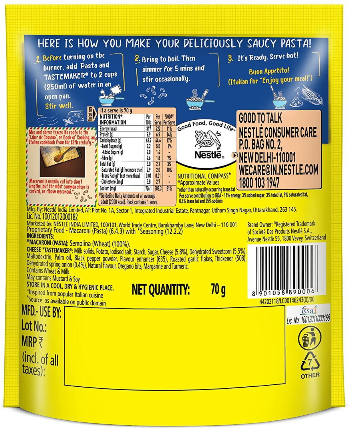 Image of Maggi Pazzta Cheese Macaroni 70 grams pack of 2 (70G X 2) Pasta