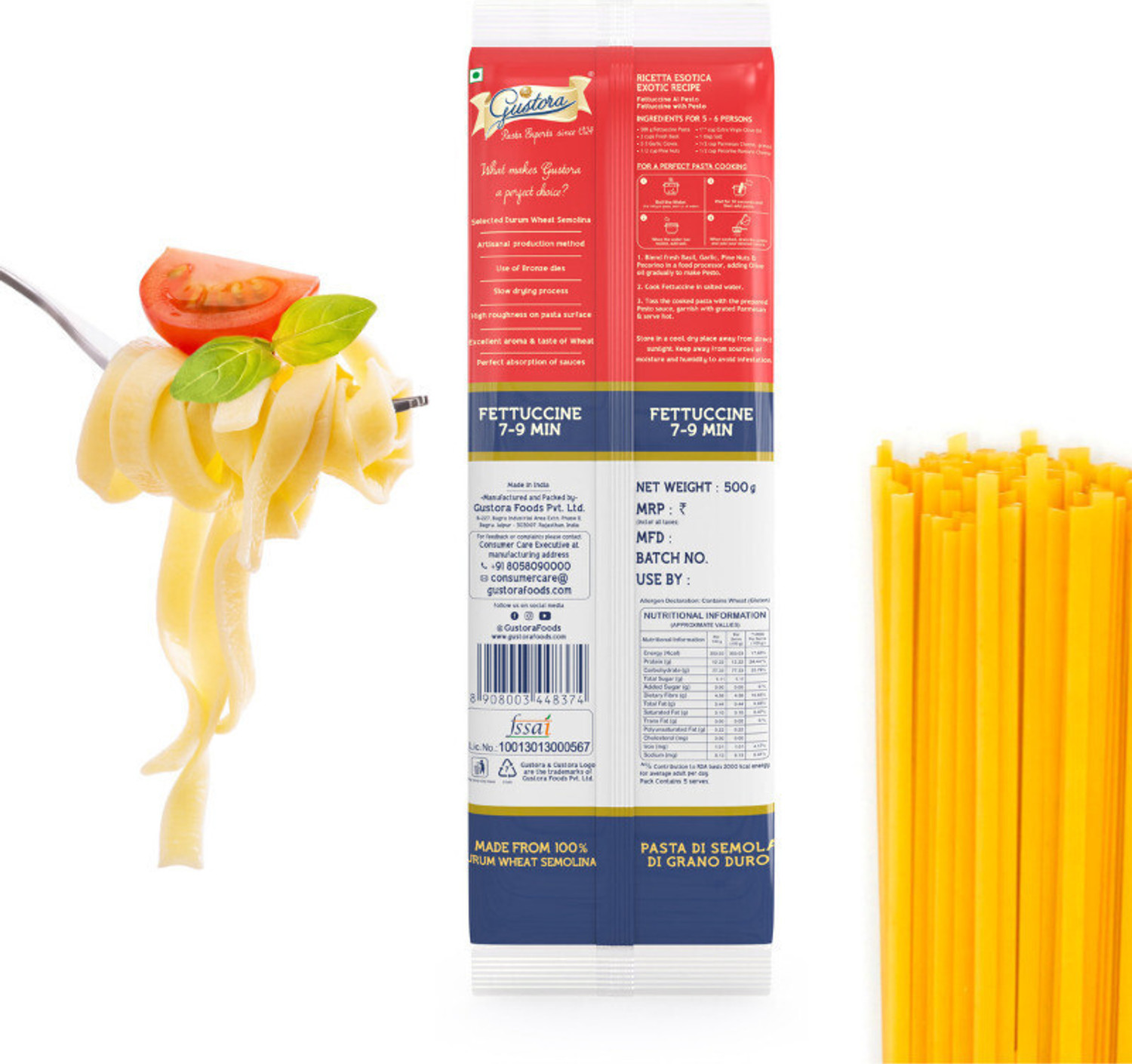 Image of Gustora Durum Wheat Semolina Fettuccine & Spaghetti Pasta Combo Fettuccine Pasta