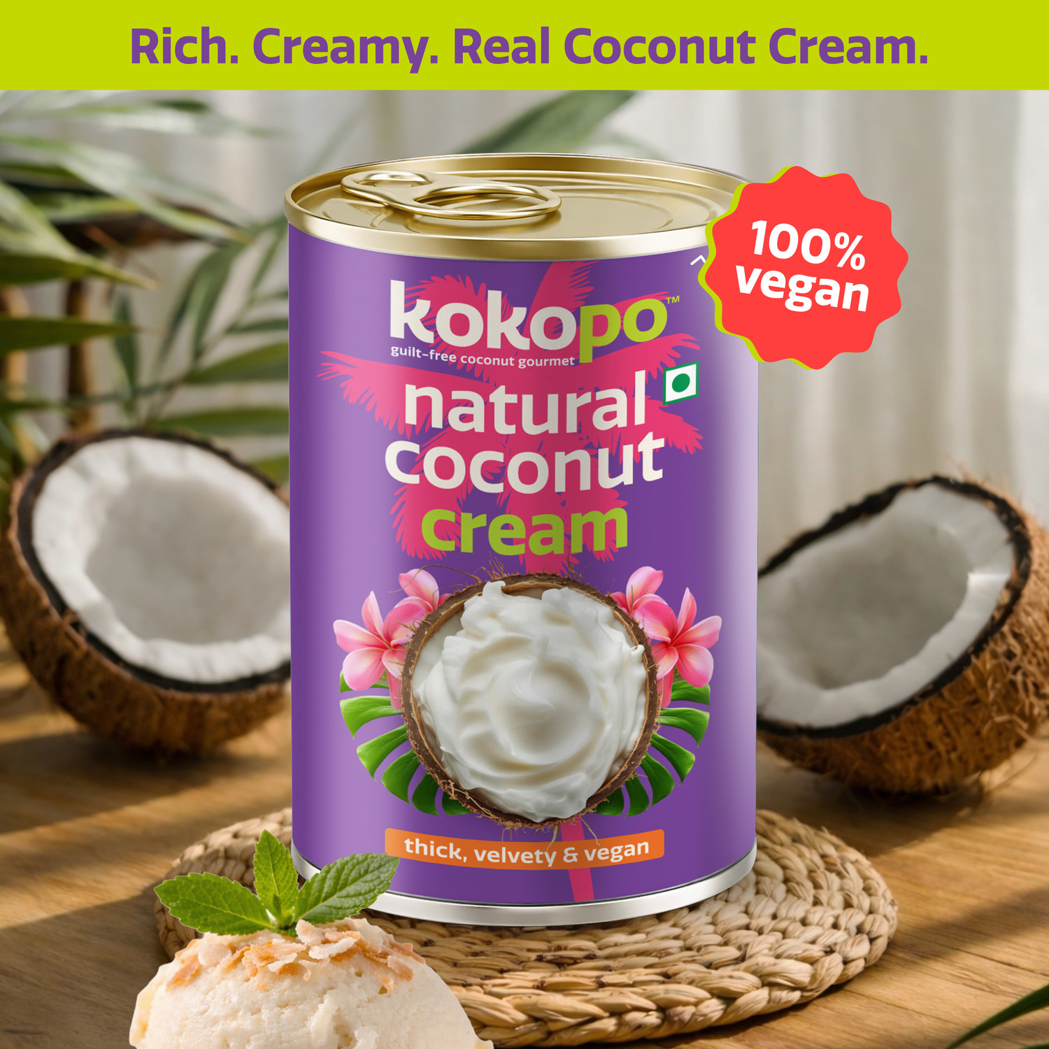 Image of KOKOPO Natural Coconut Cream | Vegan, Lactose-Free & Ultra Creamy (3 x 400 ml)