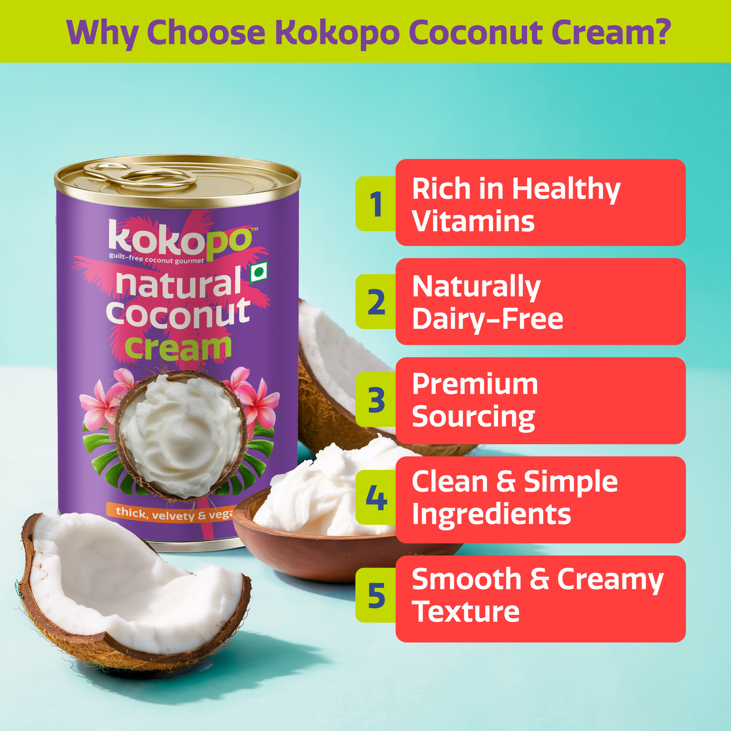 Image of KOKOPO Natural Coconut Cream | Vegan, Lactose-Free & Ultra Creamy (3 x 400 ml)
