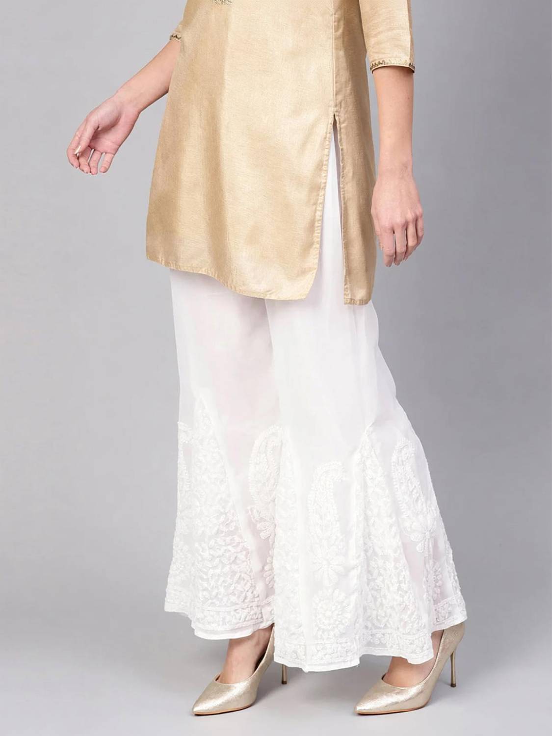 Afia Lucknowi Chikankari Relaxed Women White Trousers