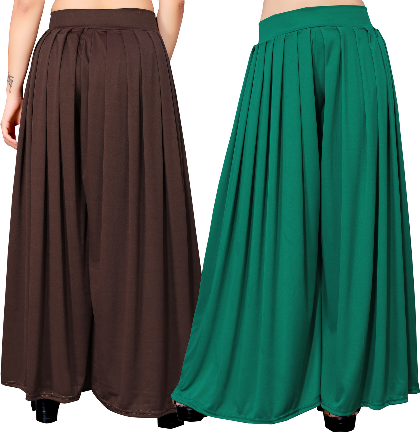 Image of Anti Wrinkle Designer Flared Women Green, Brown Trousers