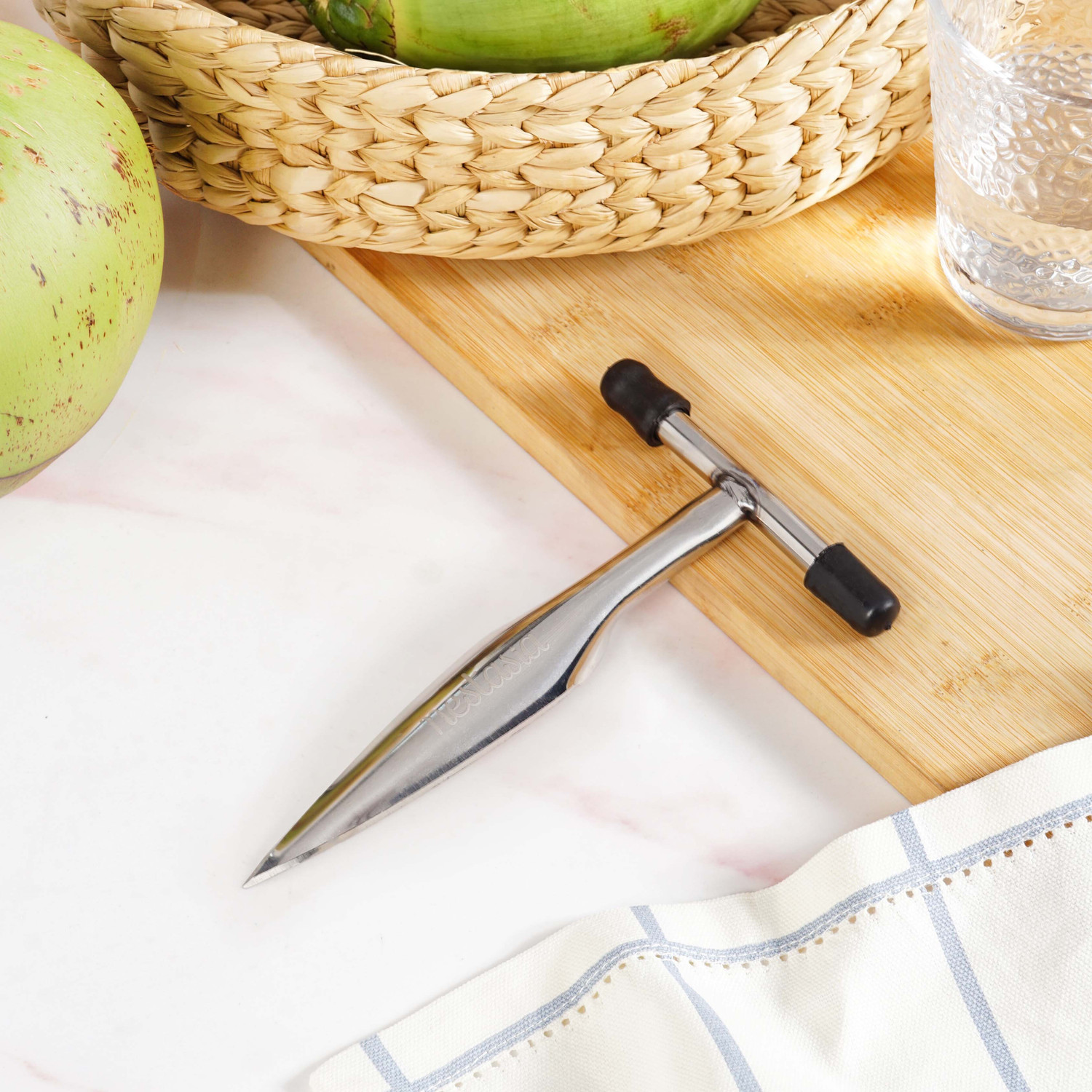 Image of Nestasia Stainless Steel Coconut Opener, Nariyal Pani Opener Knife - Sturdy T-Grip Handle Straight Peeler (Silver)
