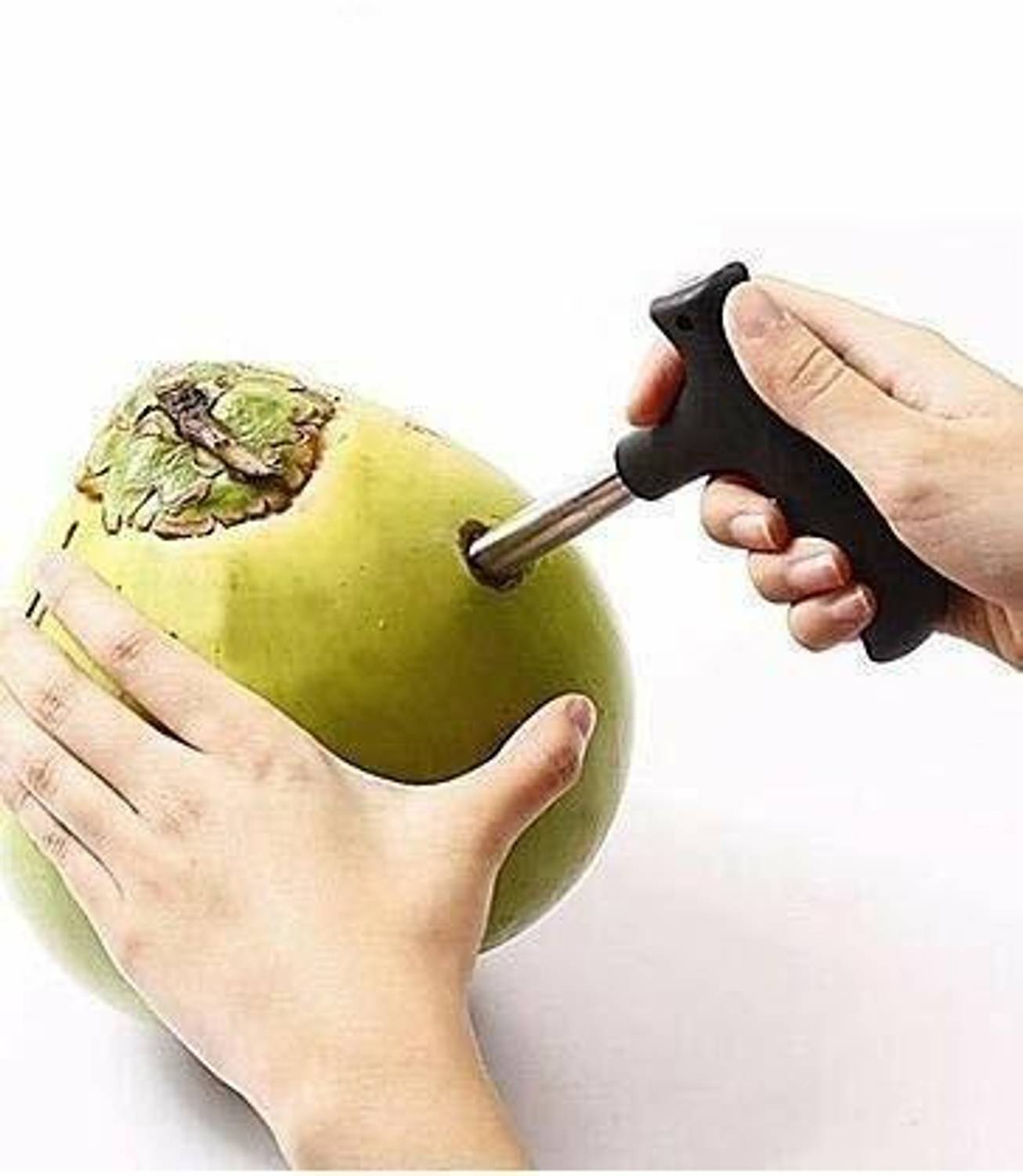 Akshar collection Stainless Steel Tube Comfortable Design with Easy Grip Tender Coconut Opener Tool I Drill Straw Hole I Handle Color - Black I Pack of 1 Straight Peeler