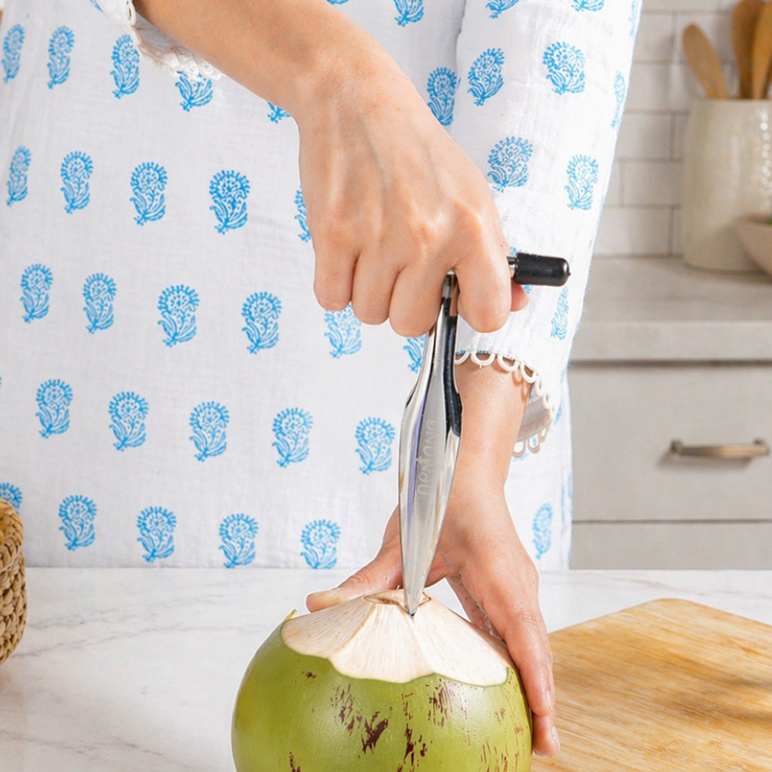 Image of Nestasia Stainless Steel Coconut Opener, Nariyal Pani Opener Knife - Sturdy T-Grip Handle Straight Peeler (Silver)