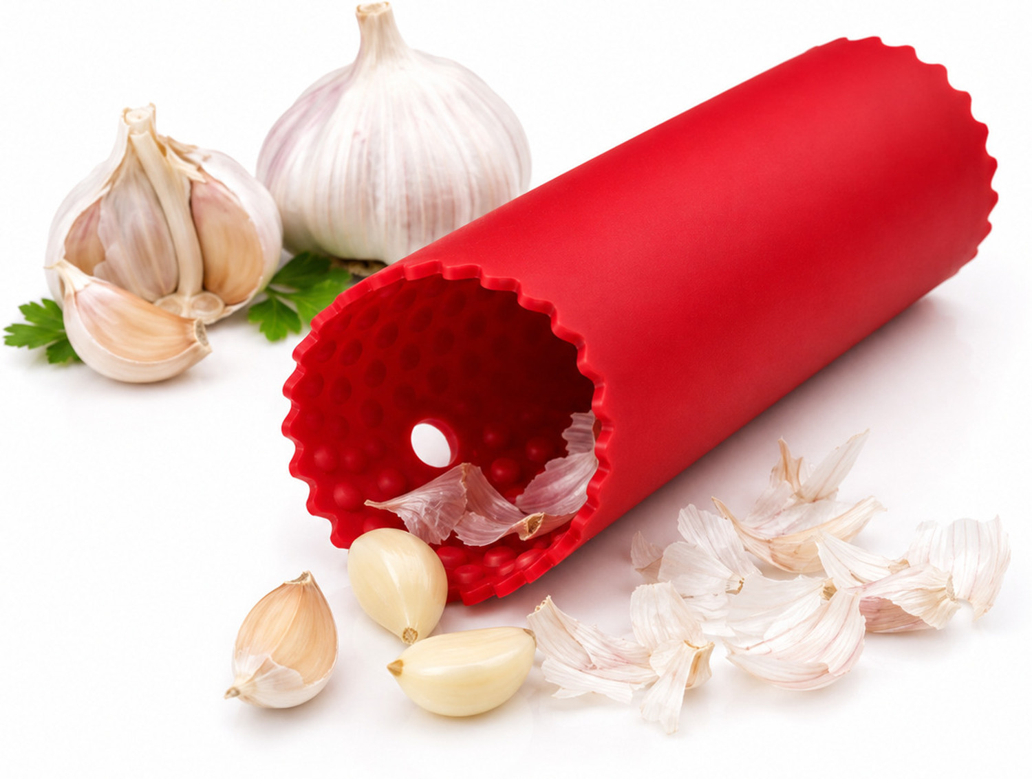 Image of GERMONIX Garlic Peeler Easy and Quick to Peel (Multicolor) Straight Peeler (Red)