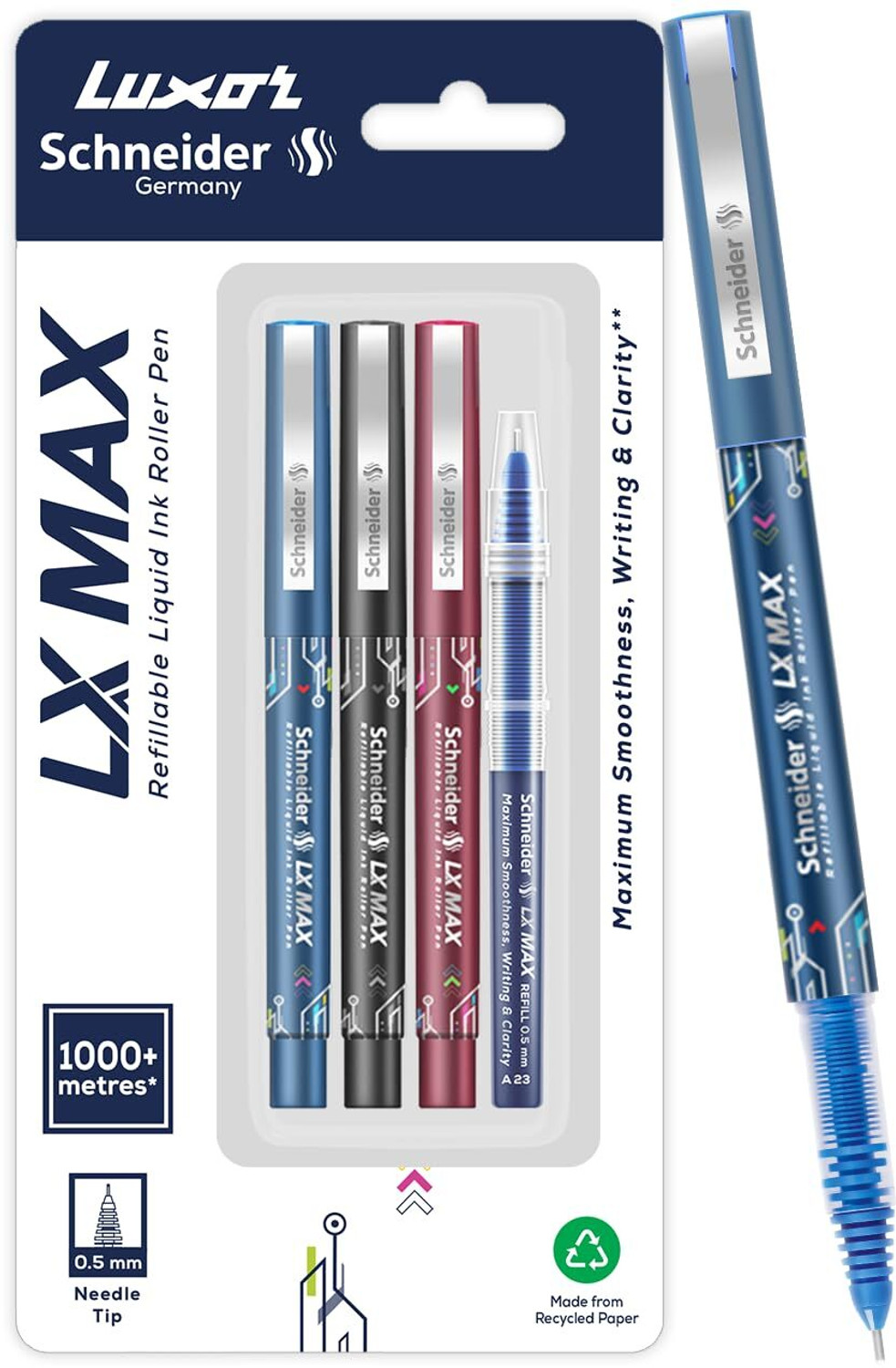 Image of Luxor Schneider LX MAX | Needle Tip | 0.5 mm | 1000+ Meters Writing Length | German Technology Roller Ball Pen